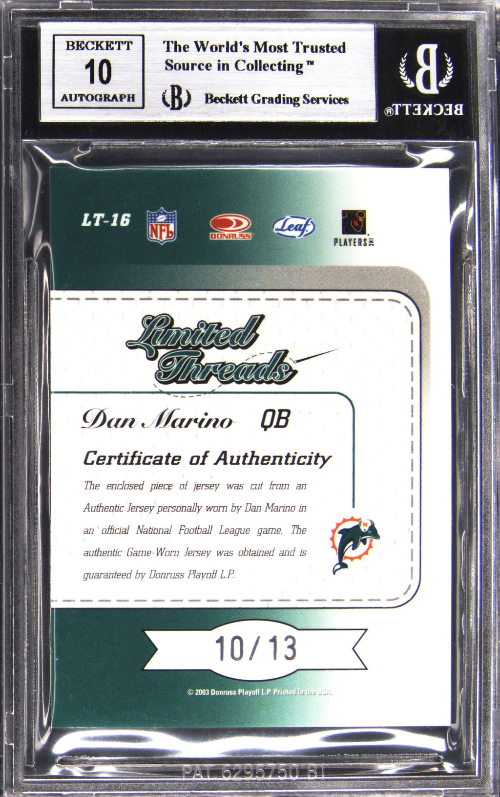 2003 Leaf Limited Threads Jersey Numbers Dan Marino /13 BGS 9