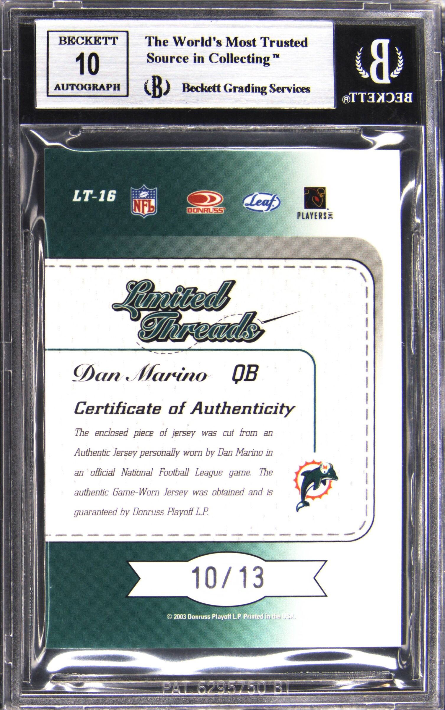 2003 Leaf Limited Threads Jersey Numbers Dan Marino /13 BGS 9