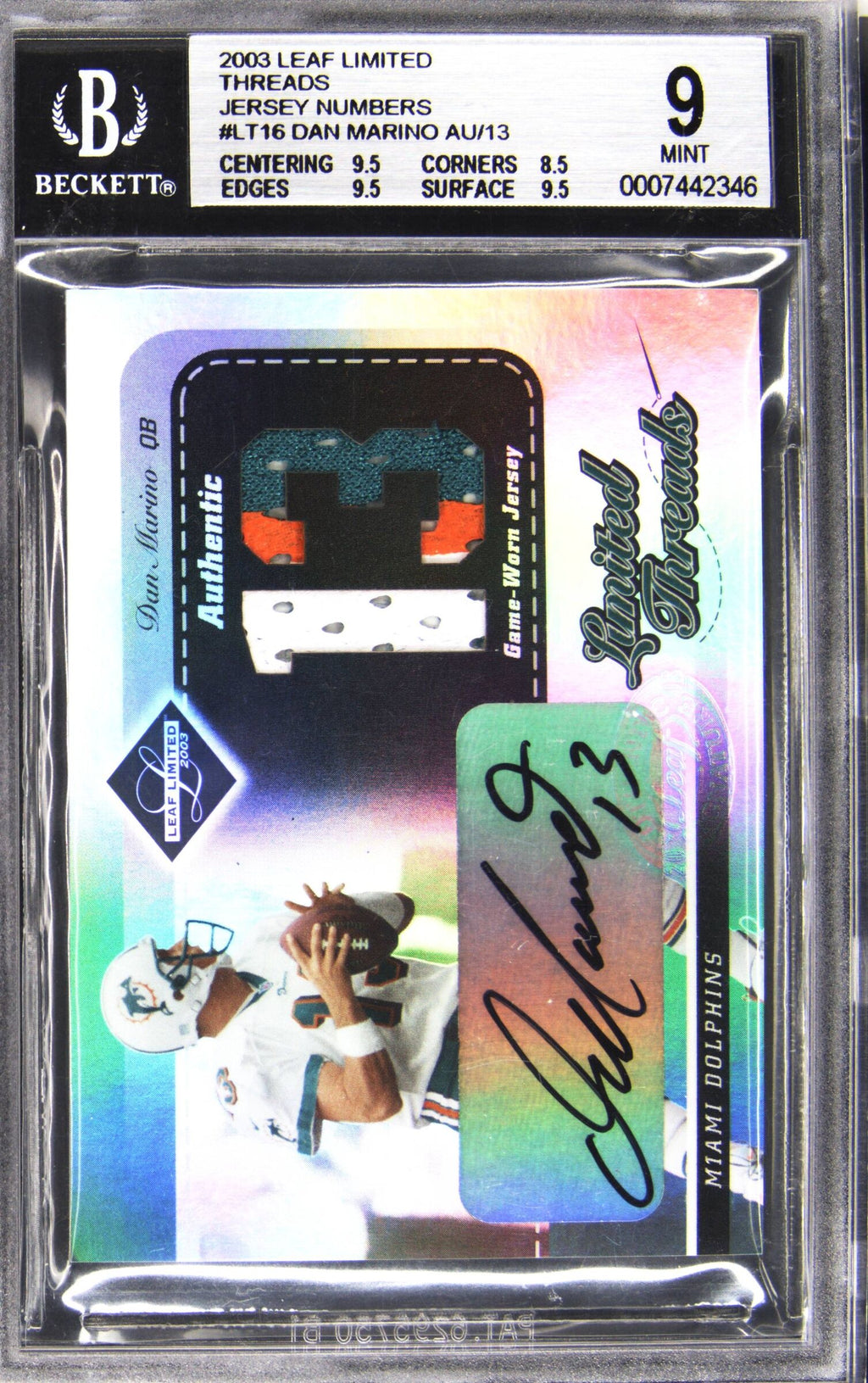 2003 Leaf Limited Threads Jersey Numbers Dan Marino /13 BGS 9