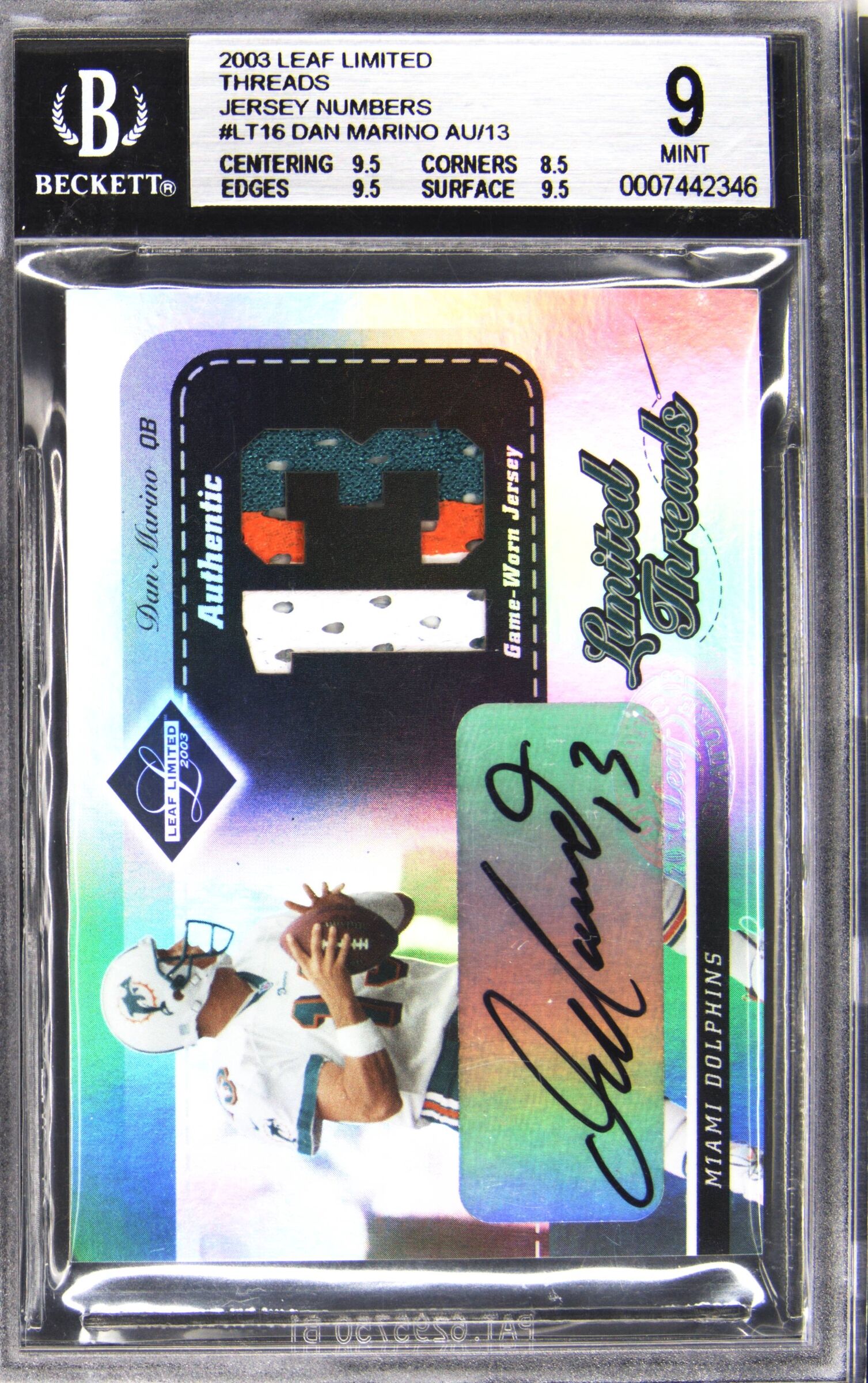 2003 Leaf Limited Threads Jersey Numbers Dan Marino /13 BGS 9