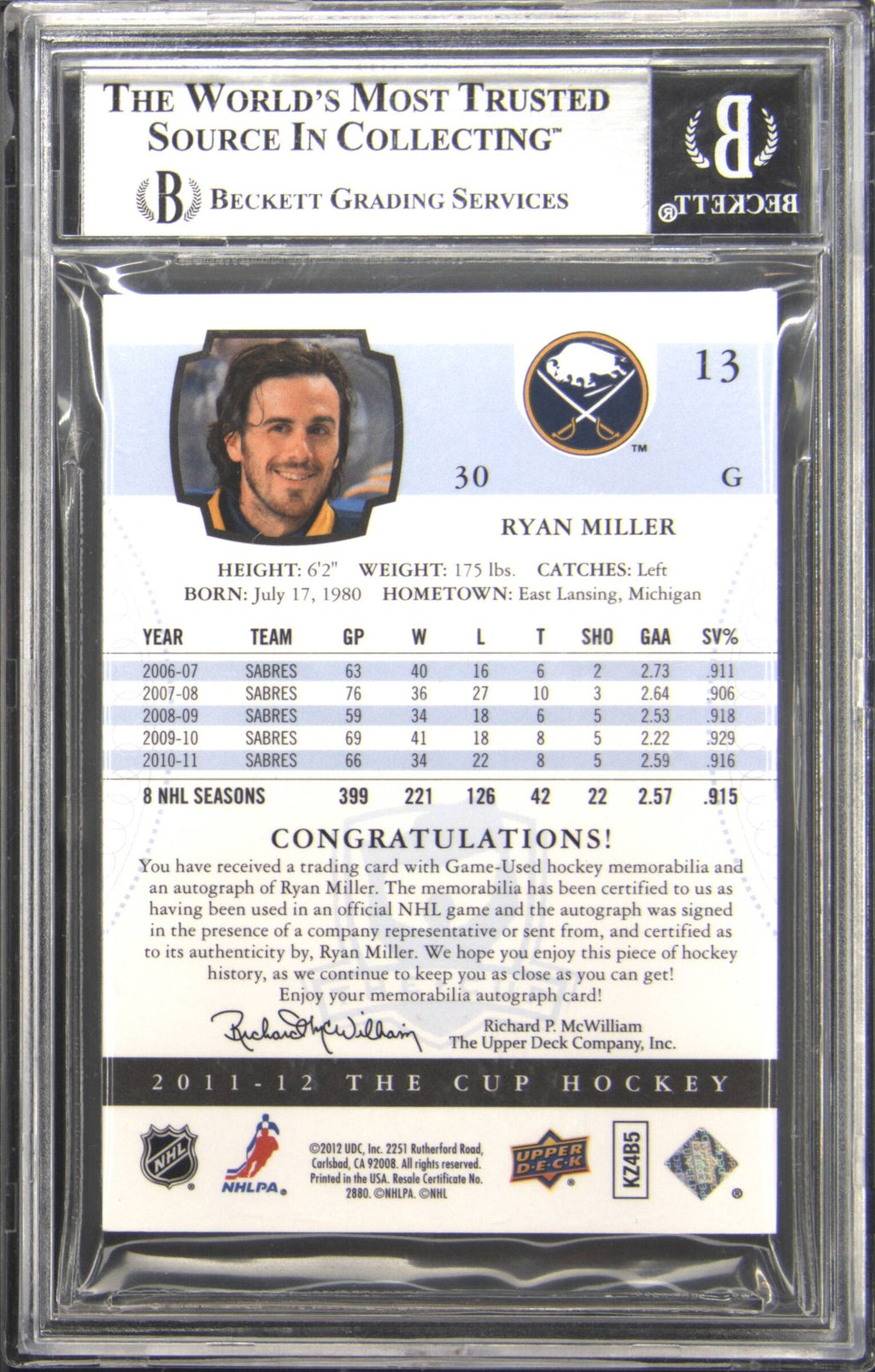 2011-12 The Cup Black Laundry Tags Ryan Miller 1/1 BGS 9