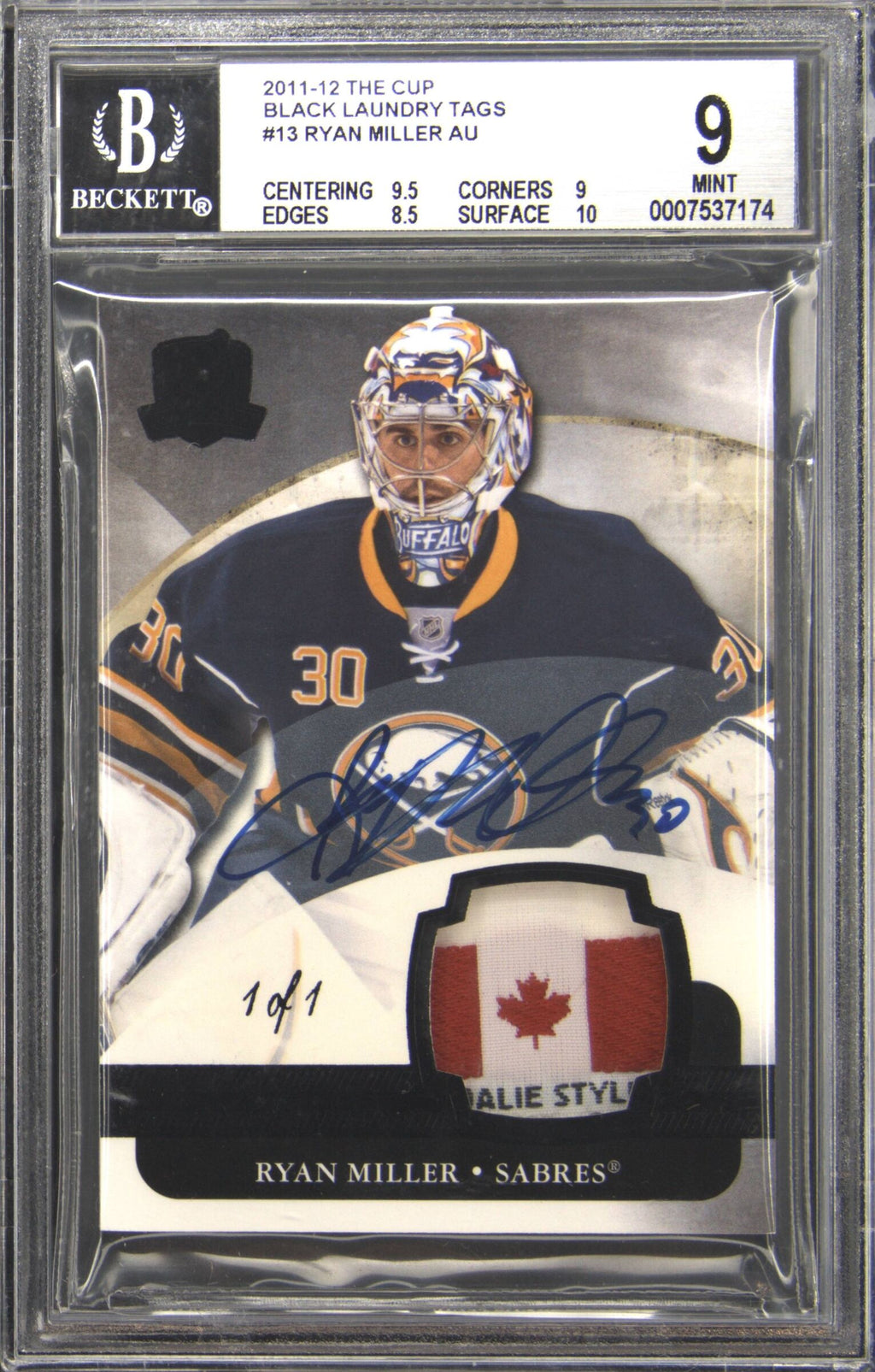 2011-12 The Cup Black Laundry Tags Ryan Miller 1/1 BGS 9