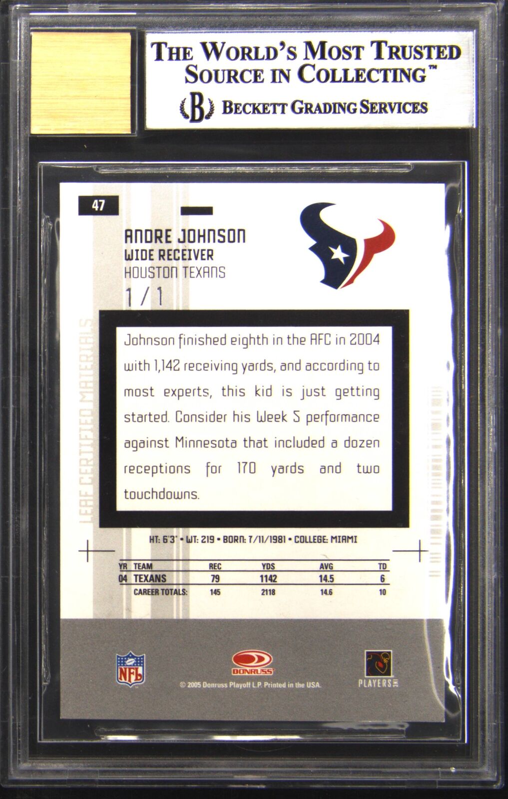 2005 Leaf Certified Materials Mirror Black Signatures Andre Johnson 1/1 BGS 9