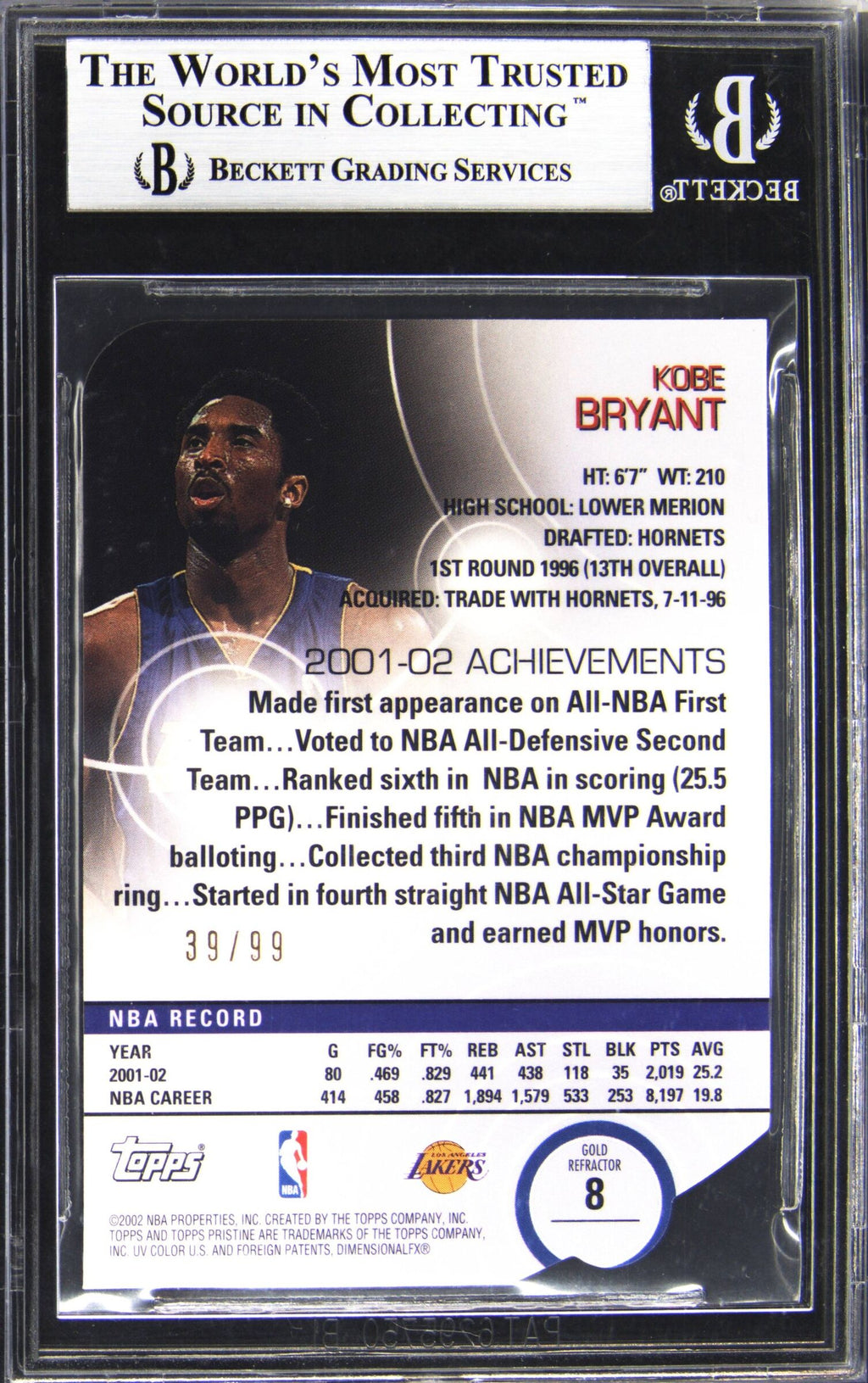 2002-03 Topps Pristine Kobe Bryant Gold Refractor /99 BGS 9