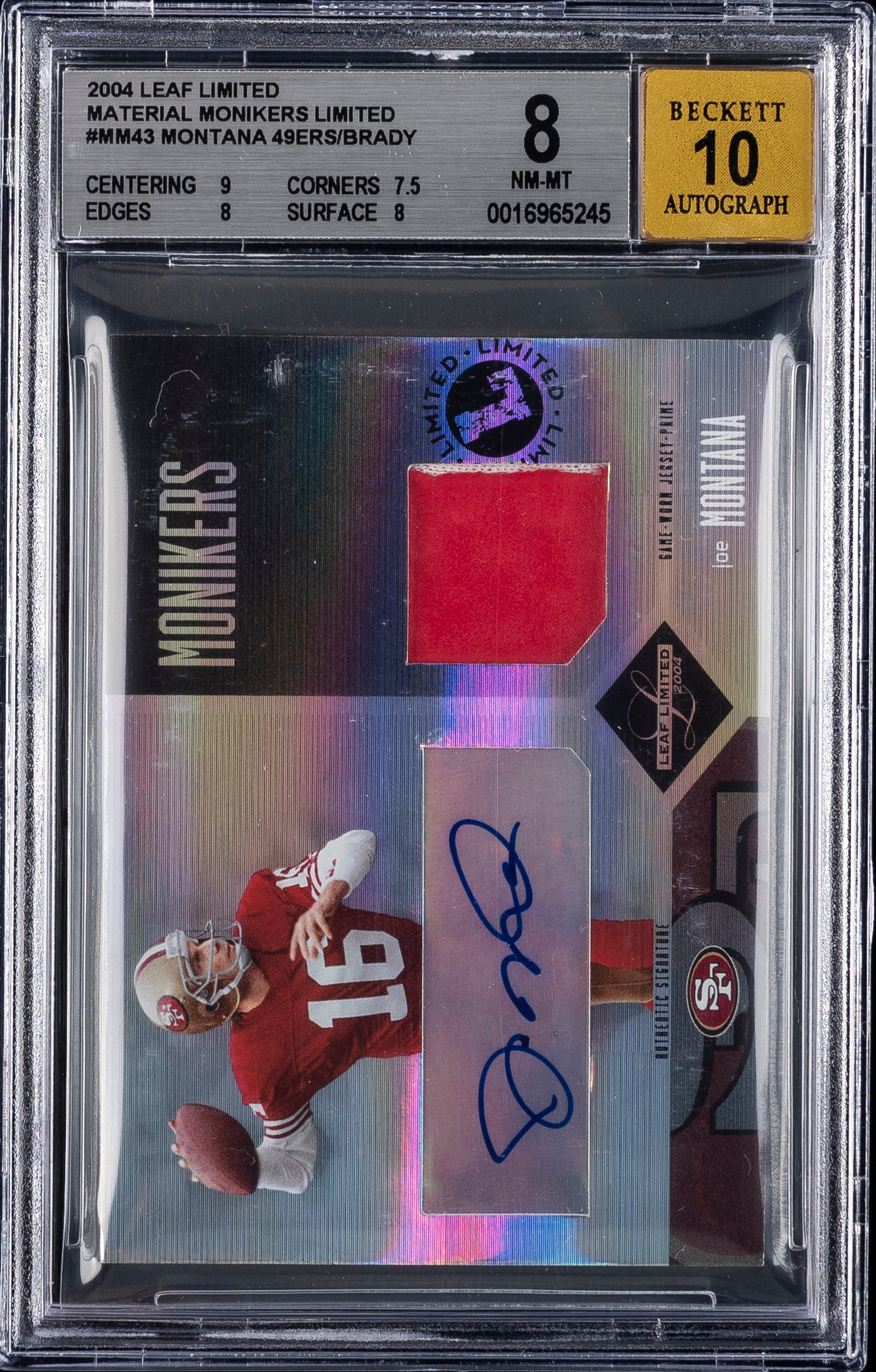 2004 Leaf Limited Material Monikers Limited Patch Auto Tom Brady/Joe Montana 1/1 BGS 8