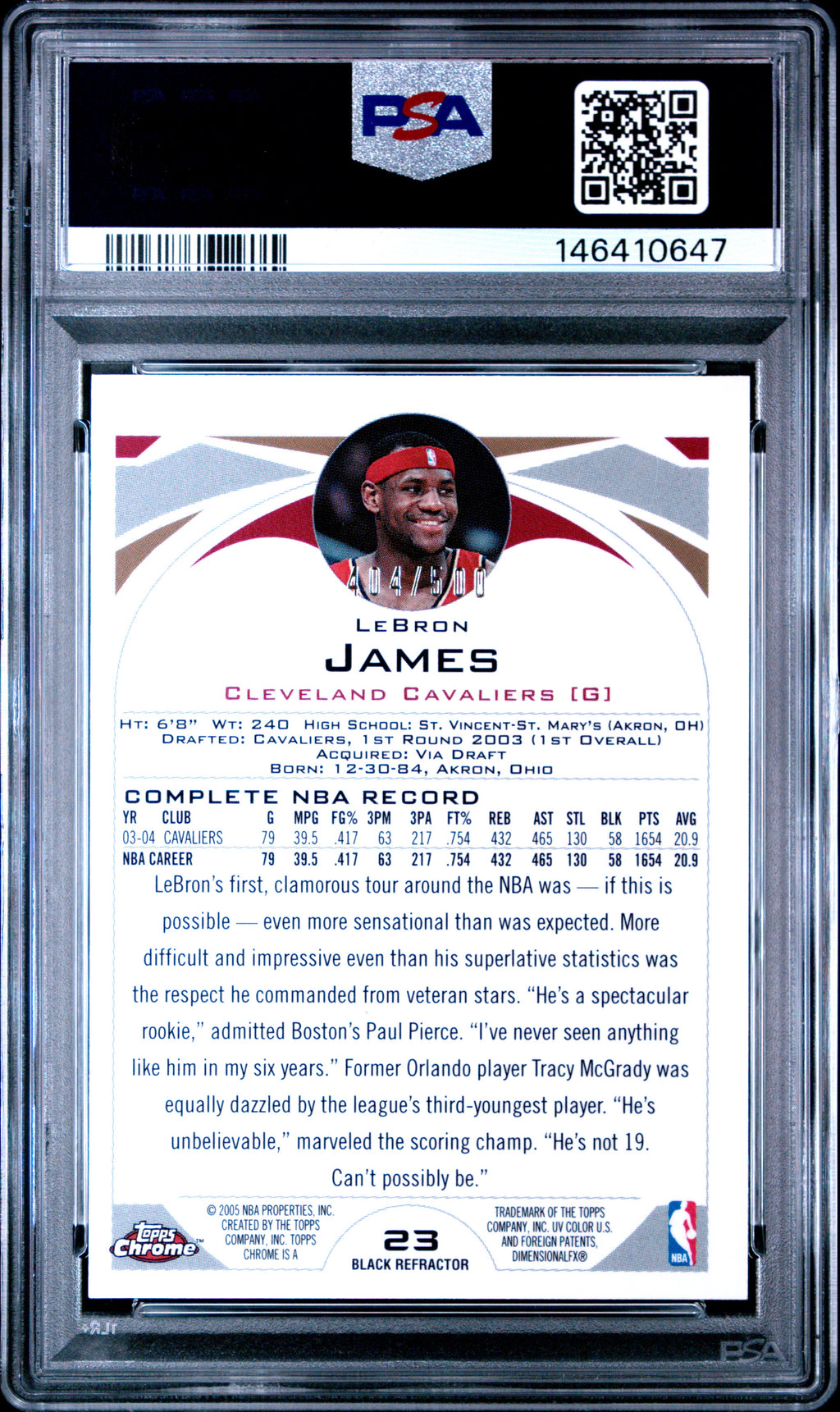2004 Topps Chrome Black Refractor #23 LeBron James /500 PSA 9
