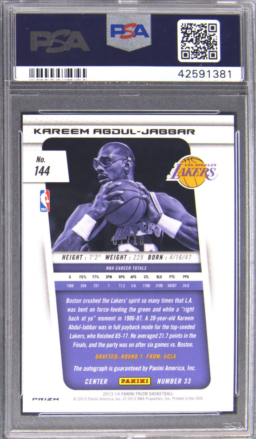 2013 Panini Prizm Kareem Abdul-Jabbar Gold Prizm Auto /10 PSA 10