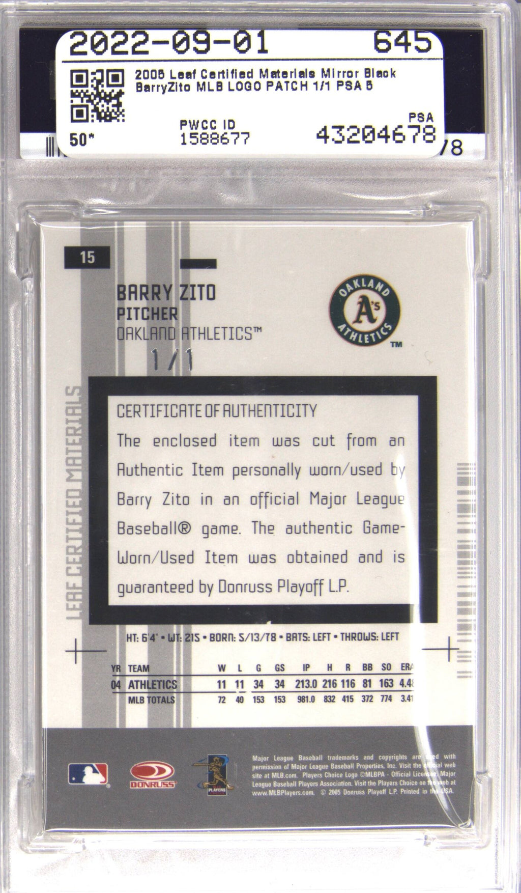 2005 Leaf Certified Materials Barry Zito Mirror Black MLB Logo Patch 1/1 PSA 5