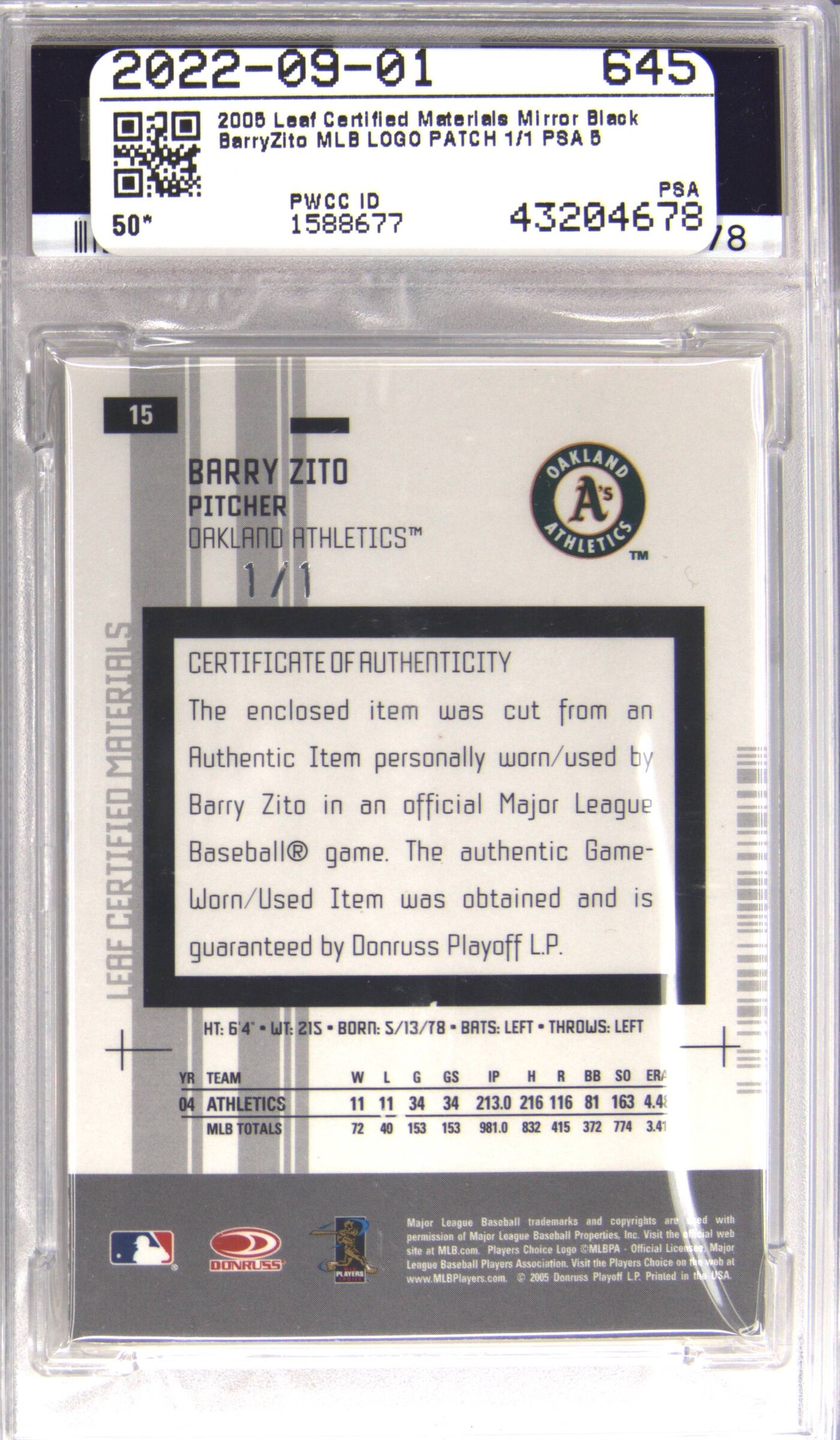 2005 Leaf Certified Materials Barry Zito Mirror Black MLB Logo Patch 1/1 PSA 5