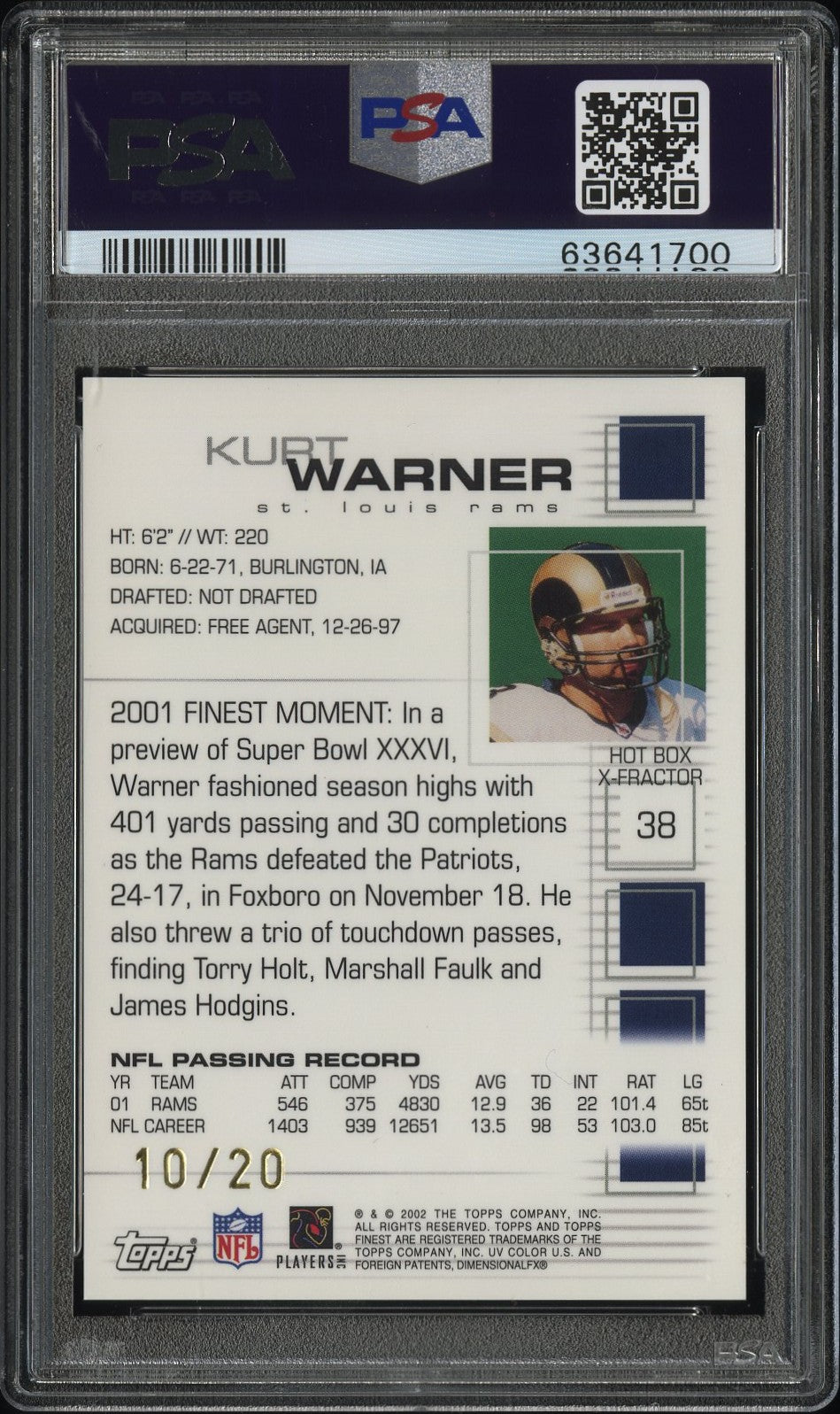2002 Finest Kurt Warner Xfractor 10/20 PSA 10