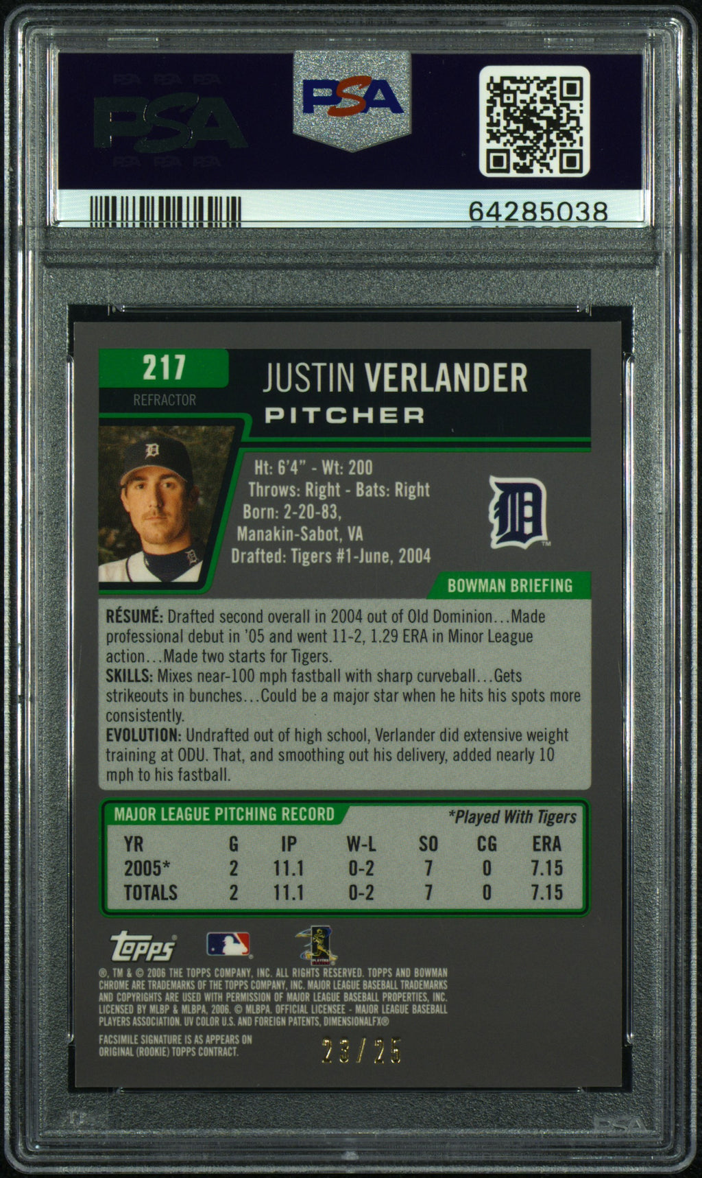 2006 Bowman Chrome Justin Verlander Orange Refractor /25 PSA 9