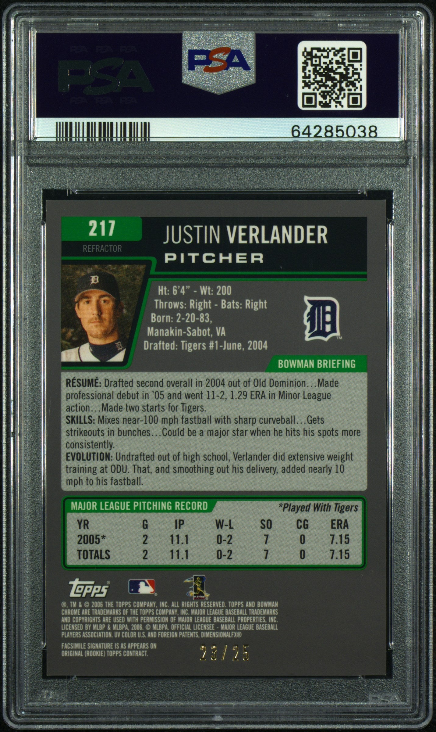 2006 Bowman Chrome Justin Verlander Orange Refractor /25 PSA 9