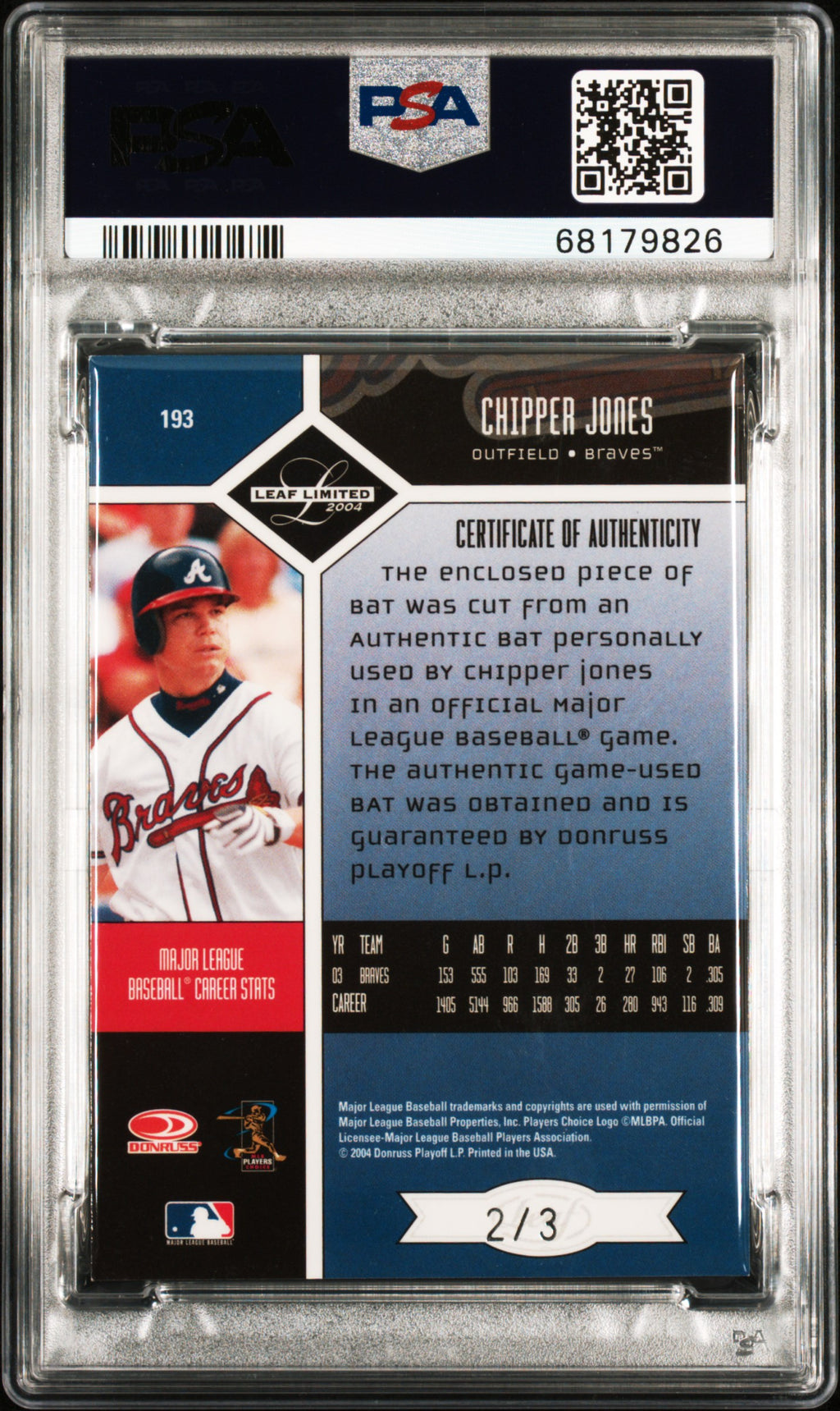 2004 Leaf Limited Barrels Chipper Jones Bat Barrell /3 PSA 5