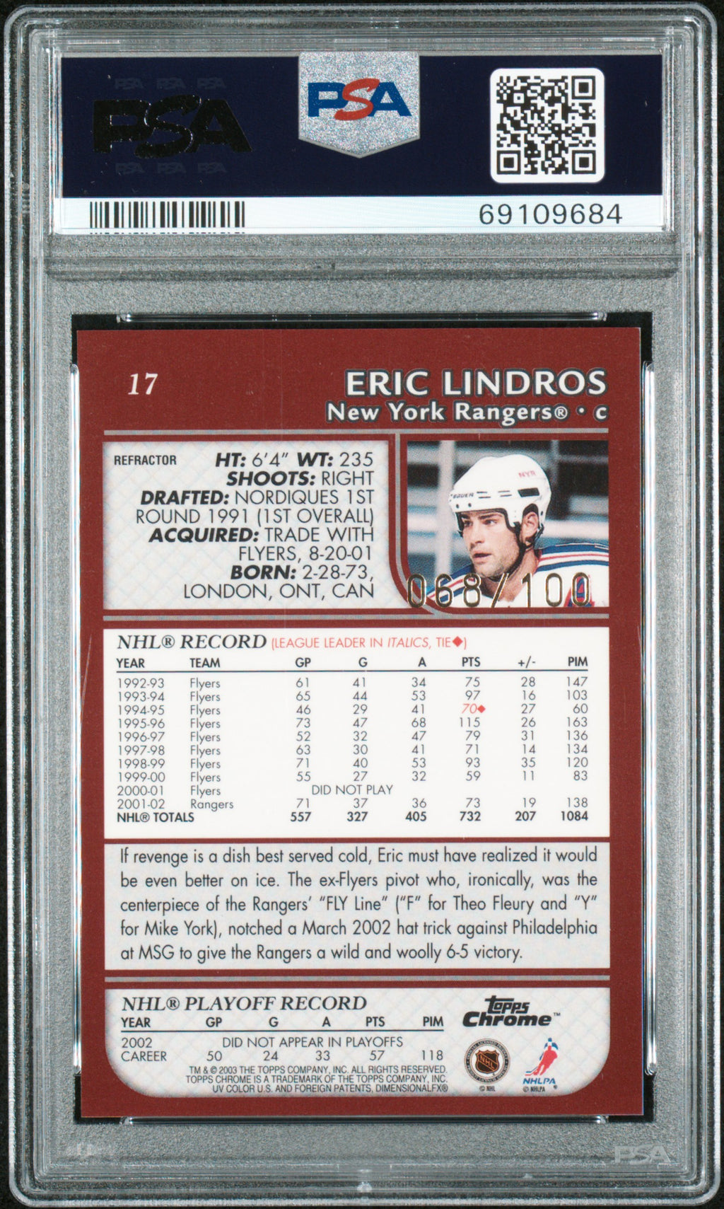 2002 Topps Chrome Eric Lindros Black Refractor /100 PSA 10