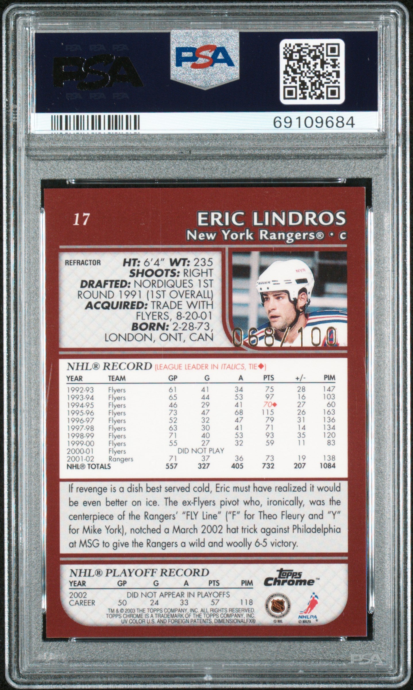 2002 Topps Chrome Eric Lindros Black Refractor /100 PSA 10