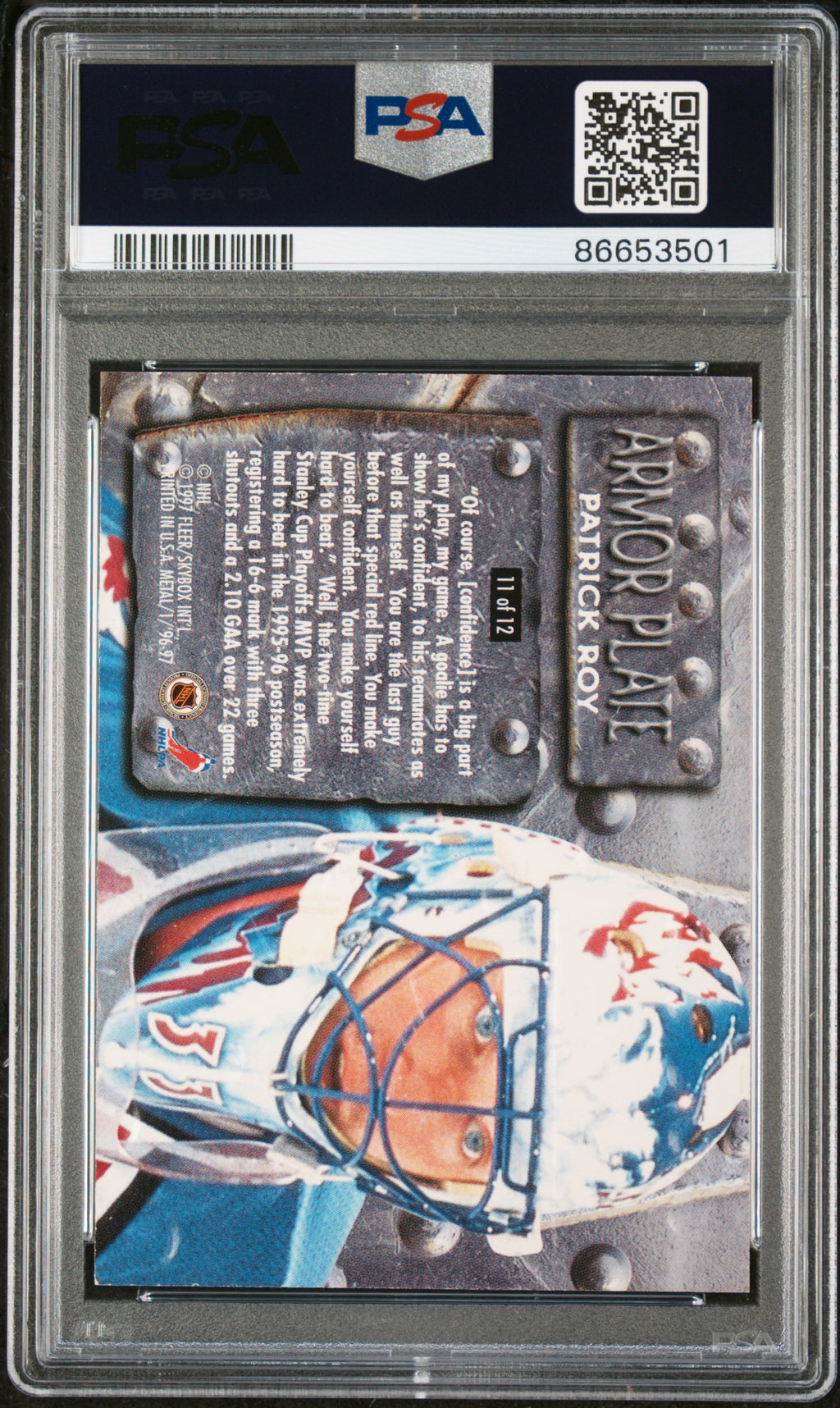 1996 Metal Universe Armor Plate Patrick Roy Super Power PSA 9