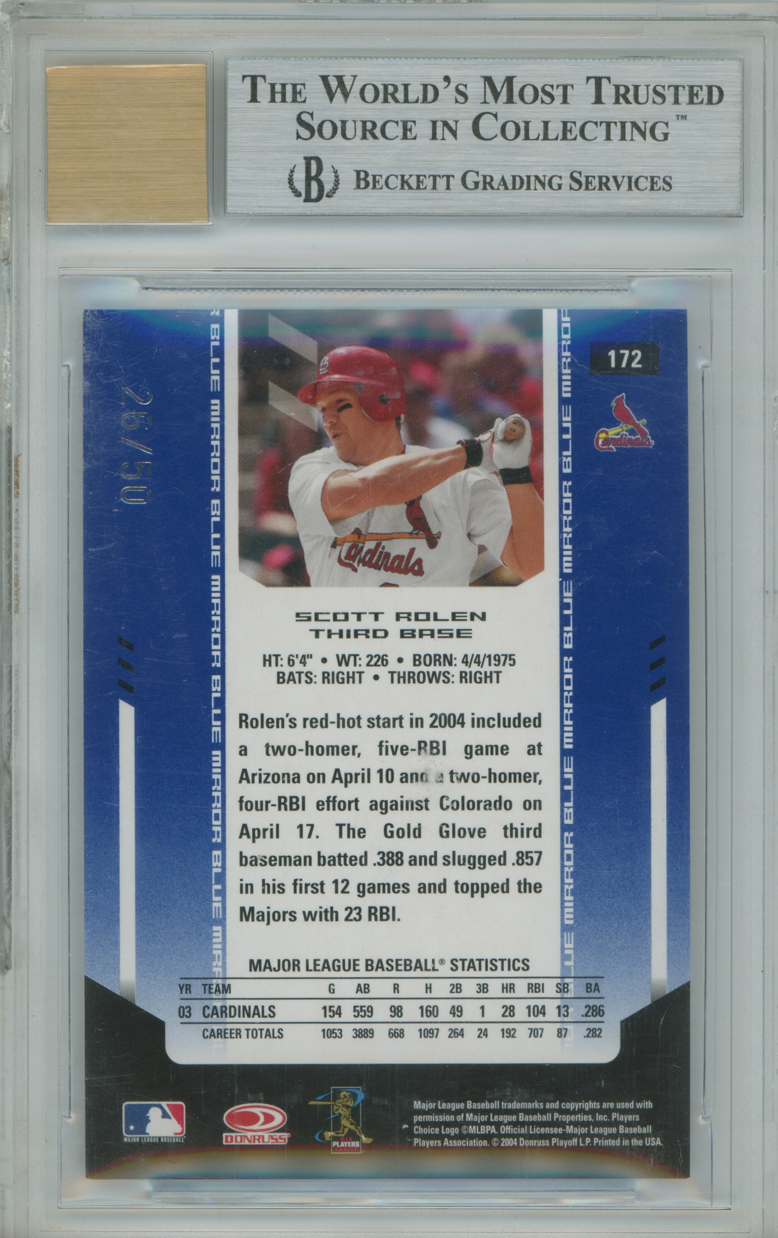 2004 Certified Materials Mirror Blue Auto Scott Rolen BGS 9