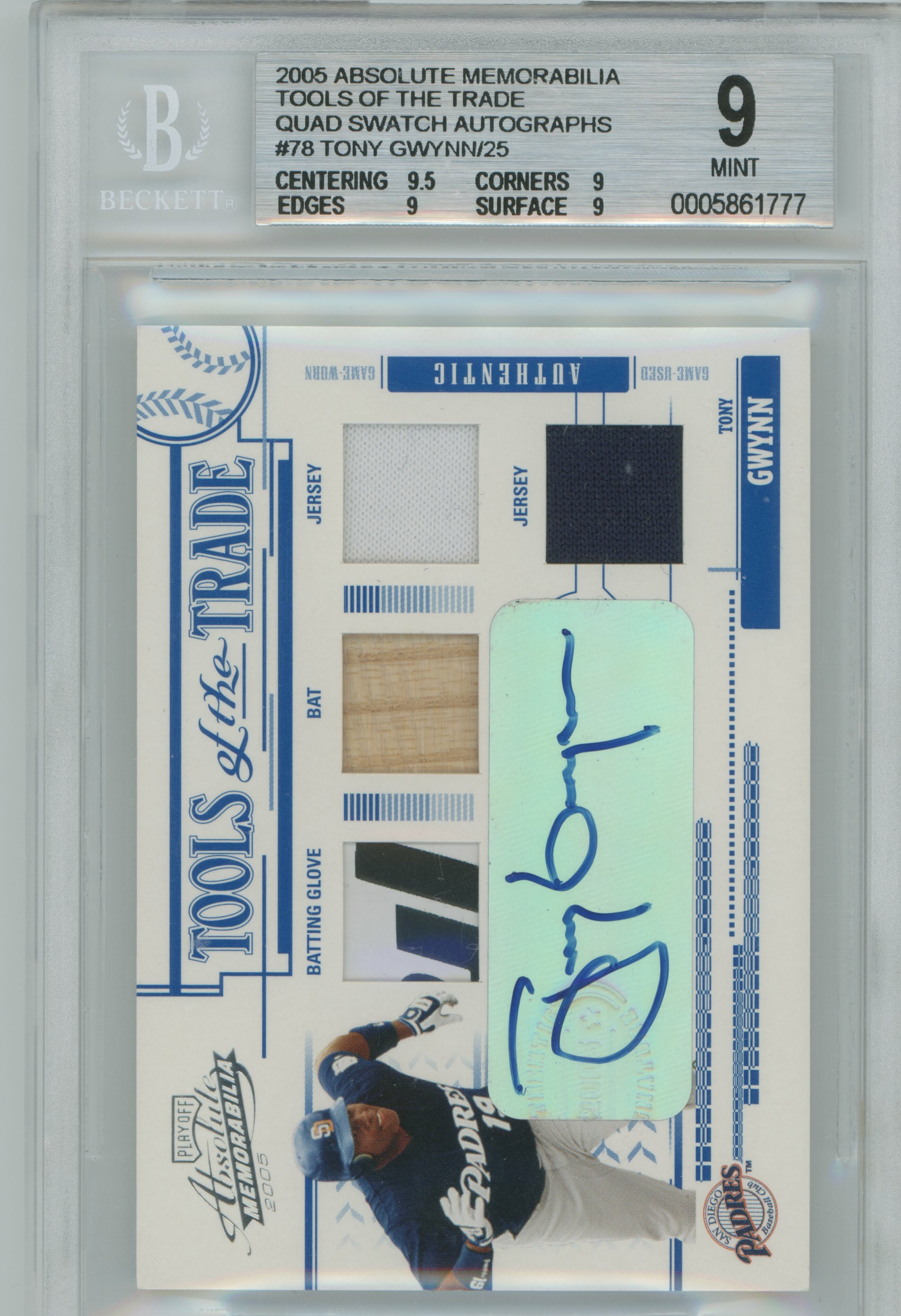 2005 Absolute Memorabilia Tools of the Trade Quad Battling Glove Jersey Auto Tony Gwynn BGS 9