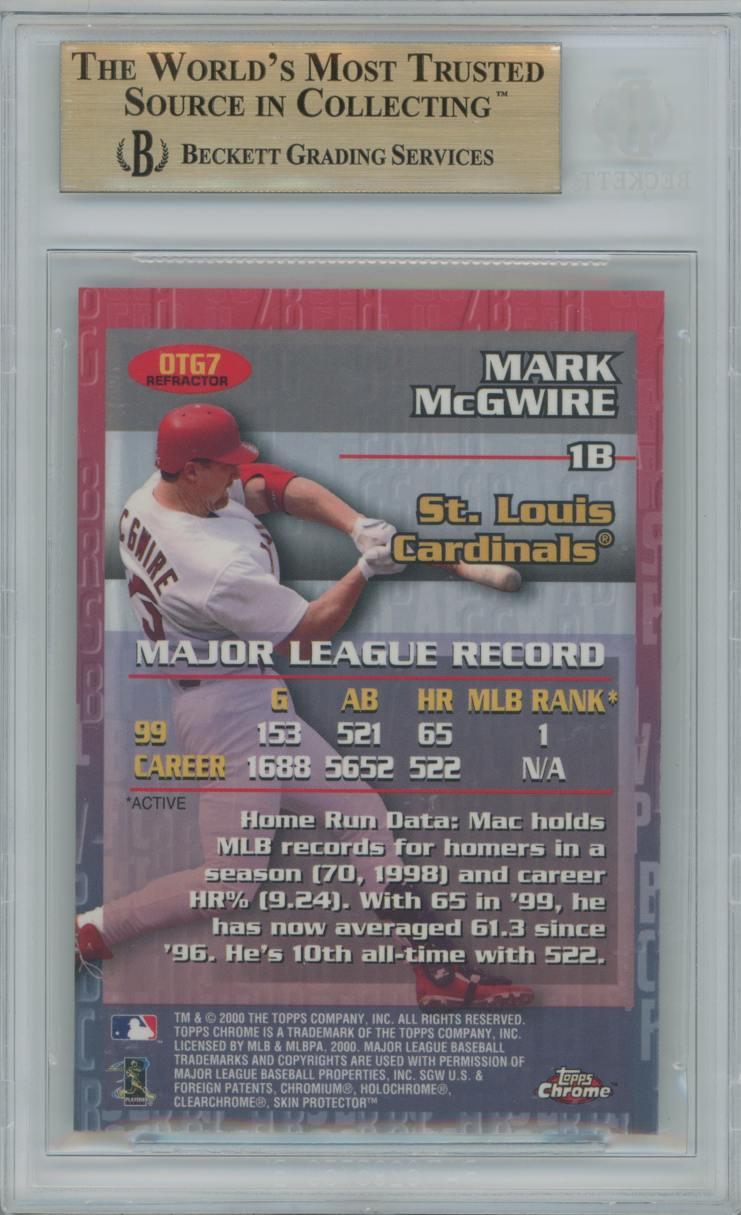 2000 Topps Chrome Own the Game Refractor Mark McGwire BGS 9.5