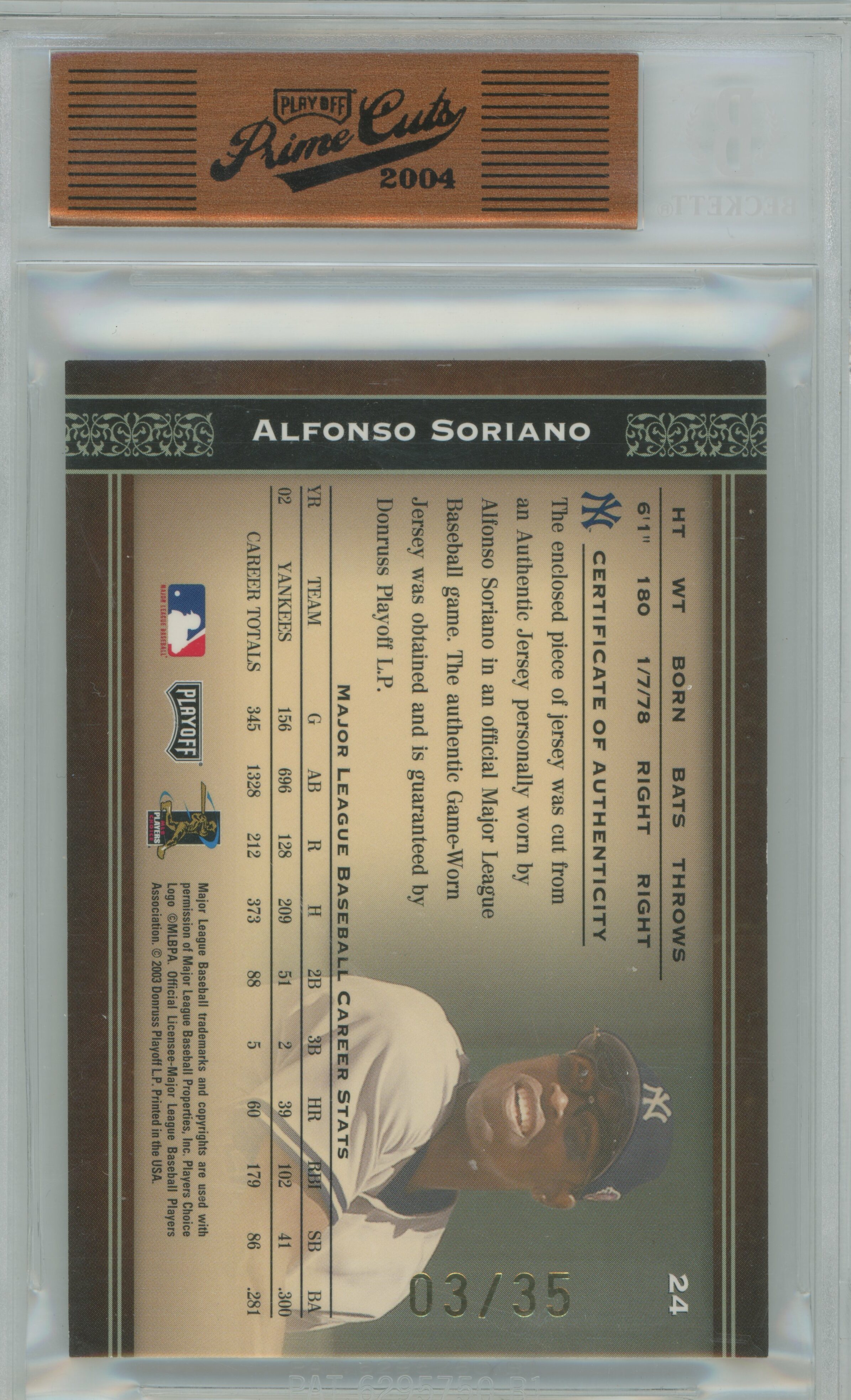 2004 Prime Cuts Material Prime Jersey Alfonso Soriano BGS