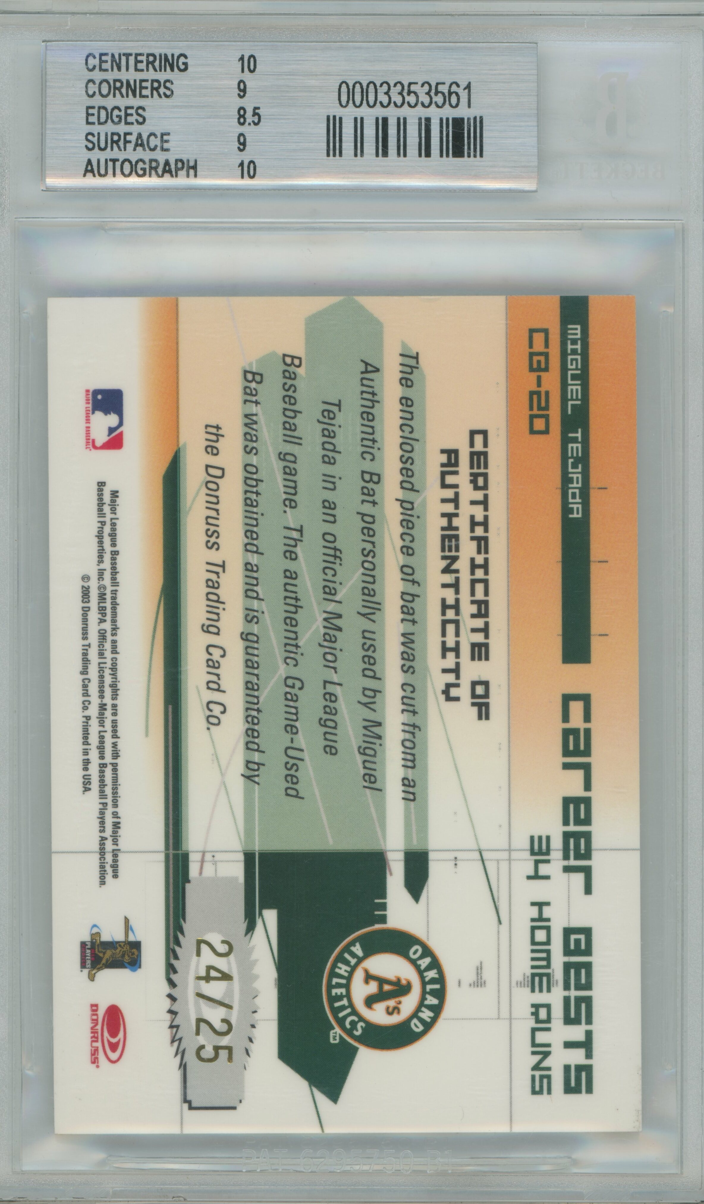 2003 Elite Career Bests Bat Auto Miguel Tejada BGS 9