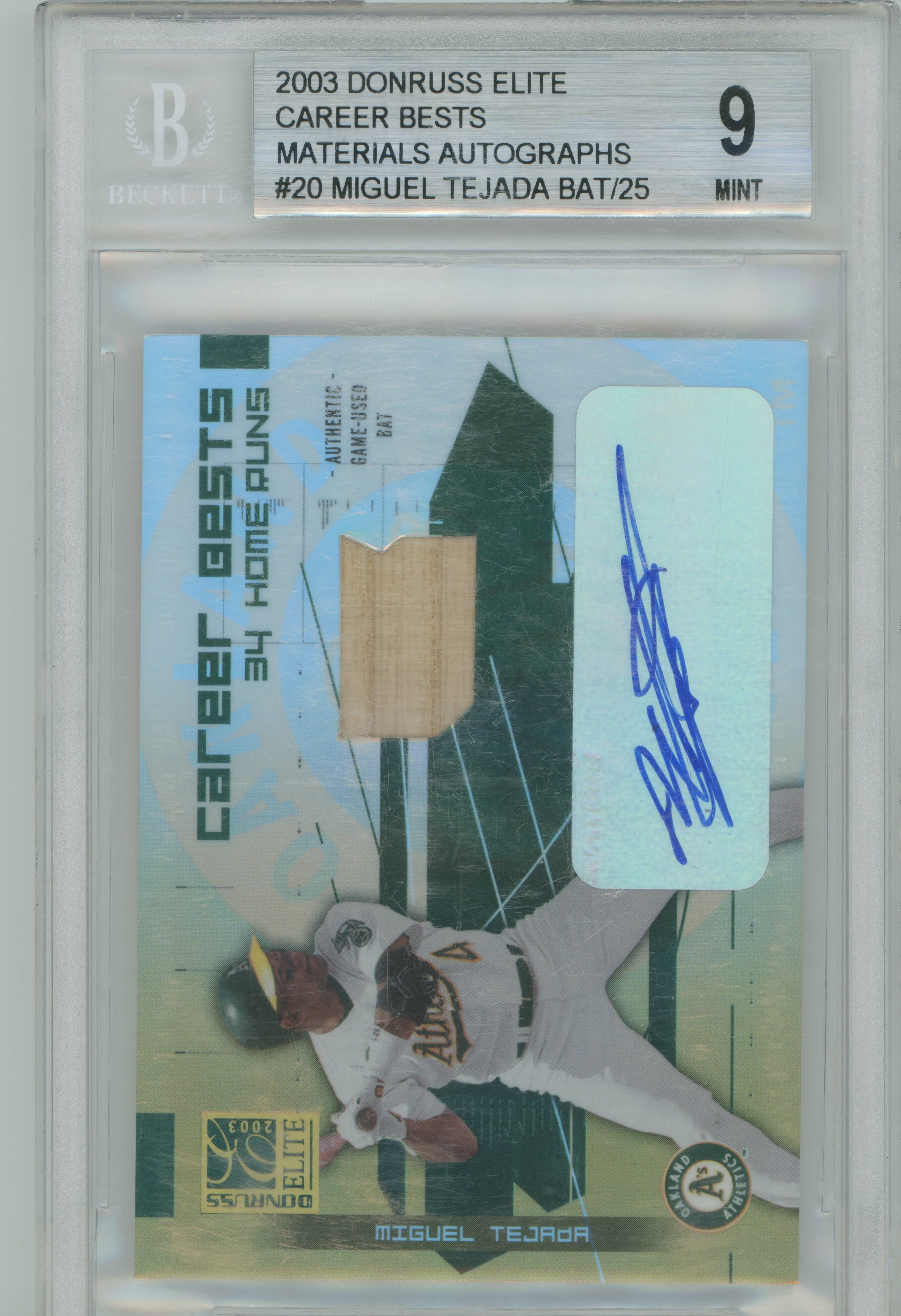 2003 Elite Career Bests Bat Auto Miguel Tejada BGS 9