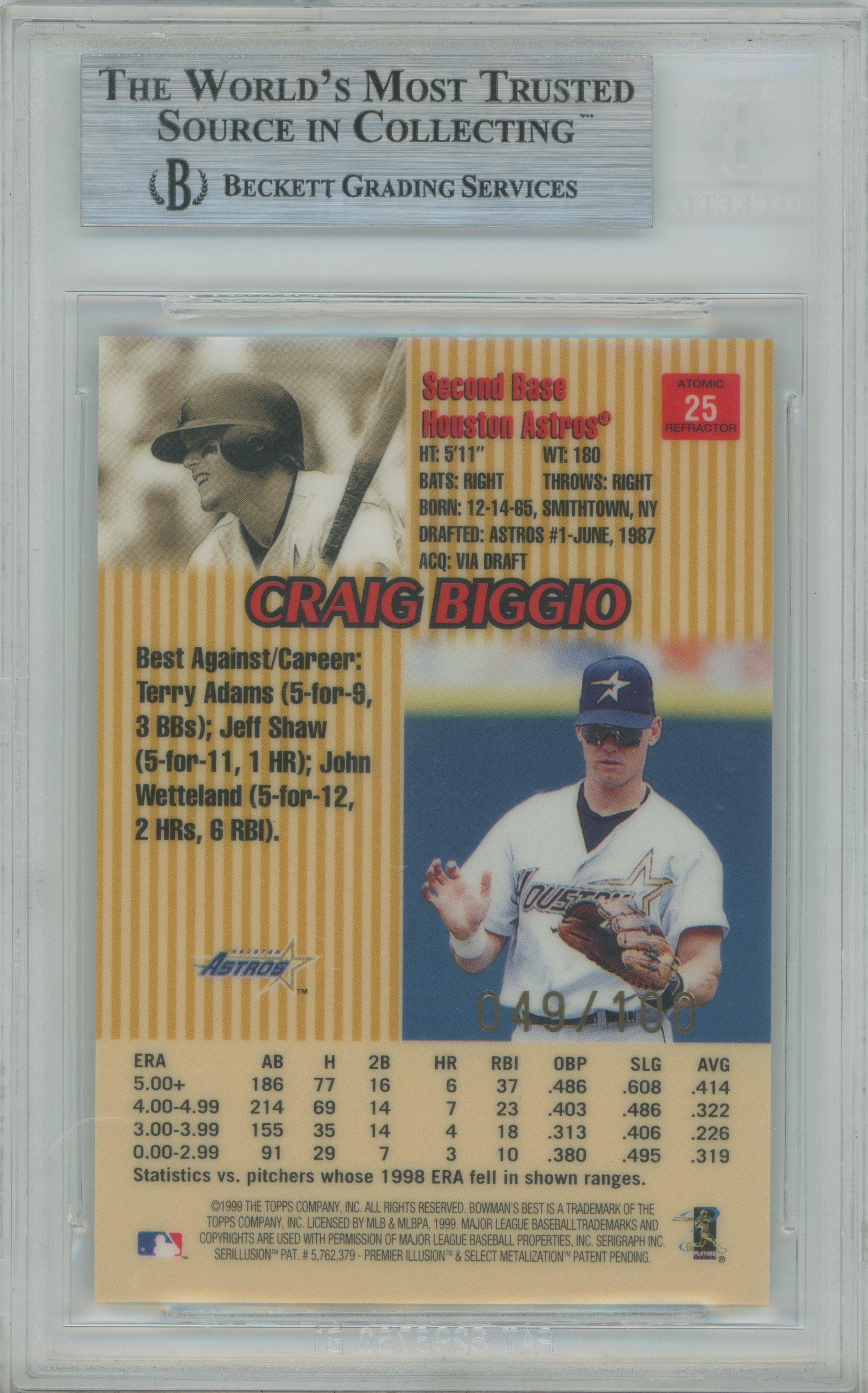 1999 Bowman's Best Atomic Refractor /100 Craig Biggio BGS 9