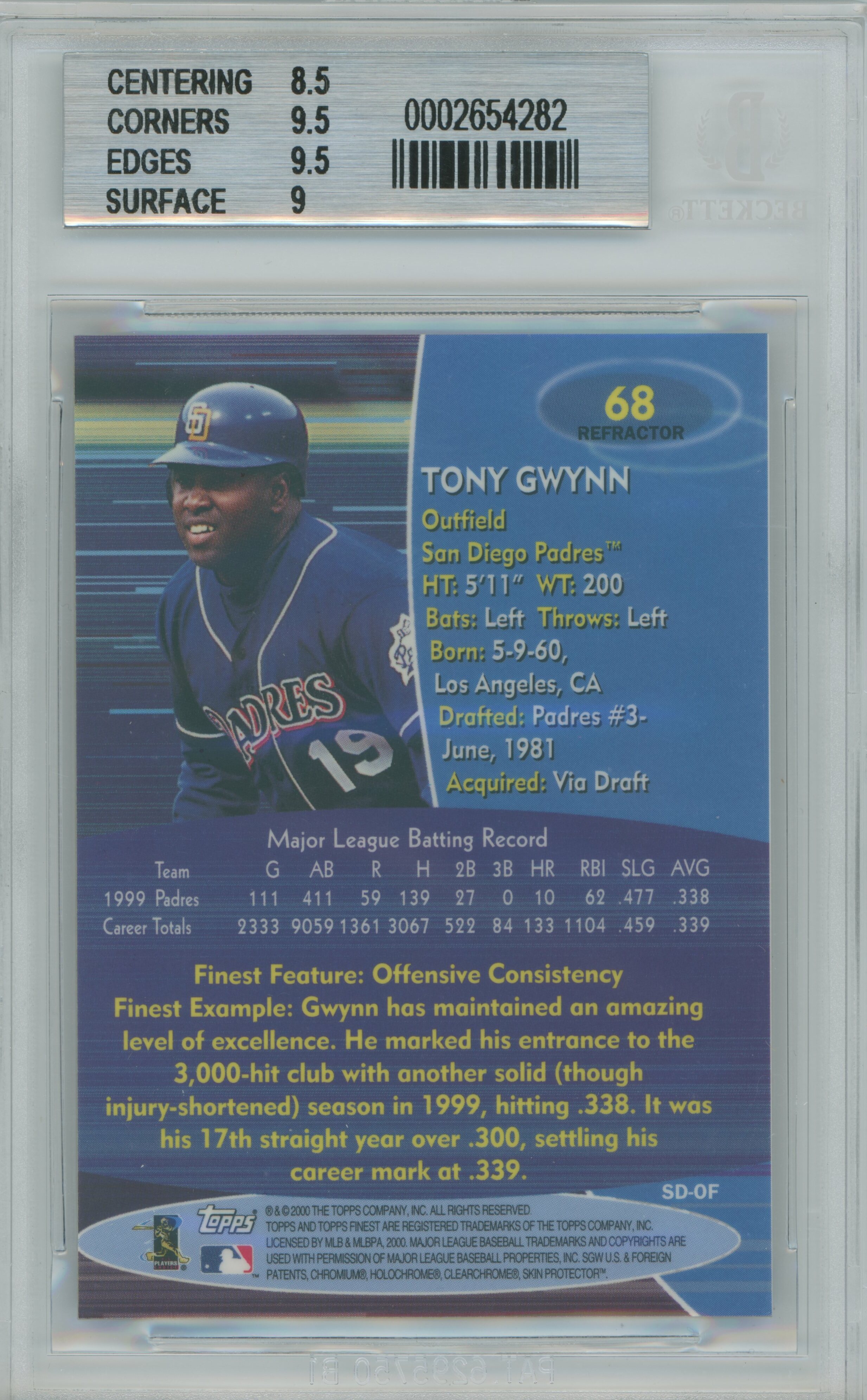 2000 Finest Refractor Tony Gwynn BGS 9