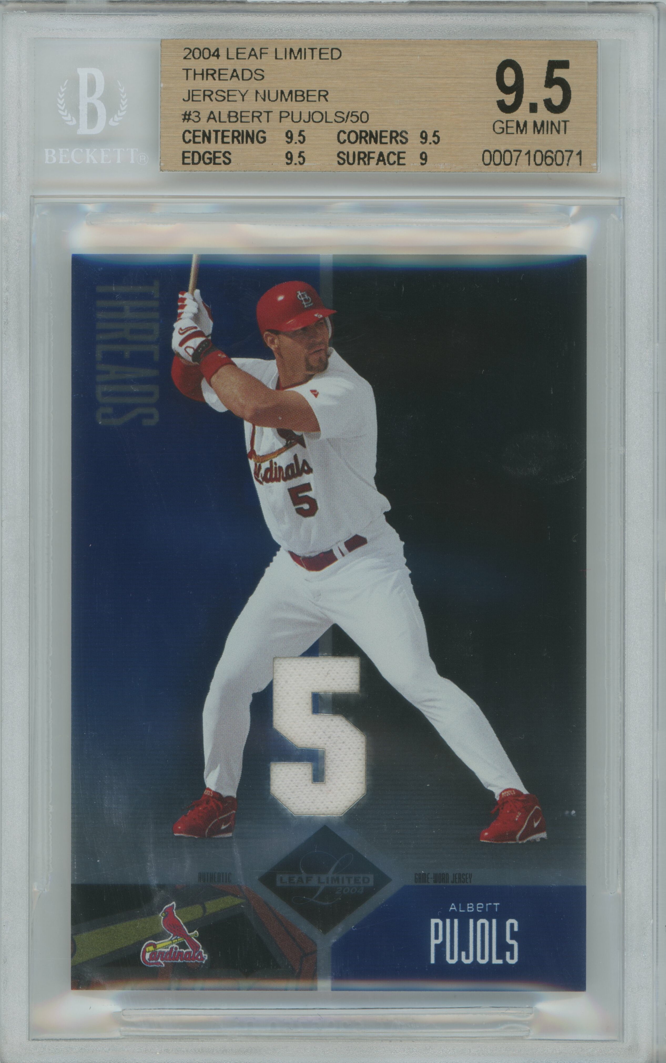 2004 Limited Threads Jersey Number Albert Pujols BGS 9.5