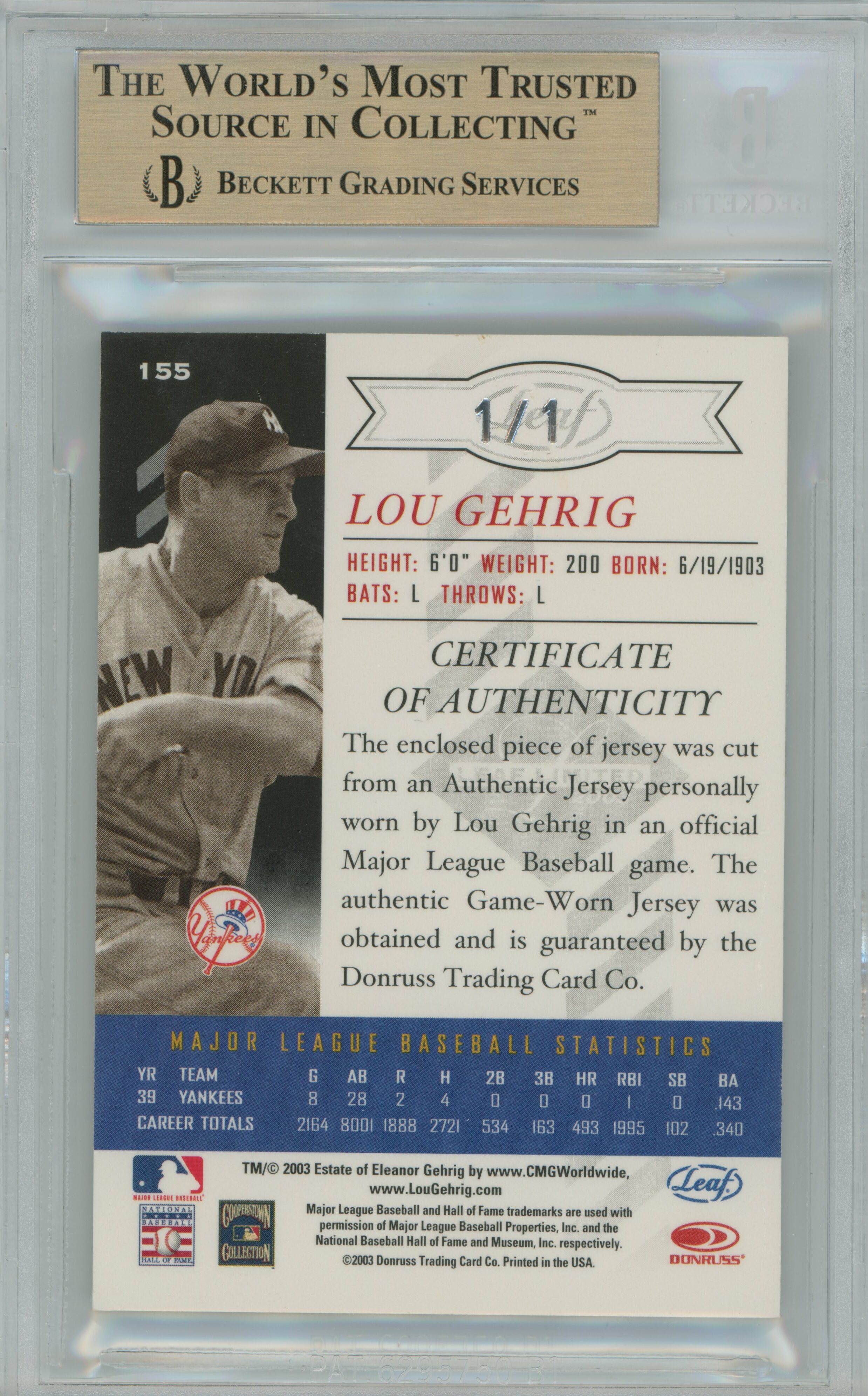 2005 Limited TNT Chicago National Jersey 1/1 Lou Gehrig BGS 9.5