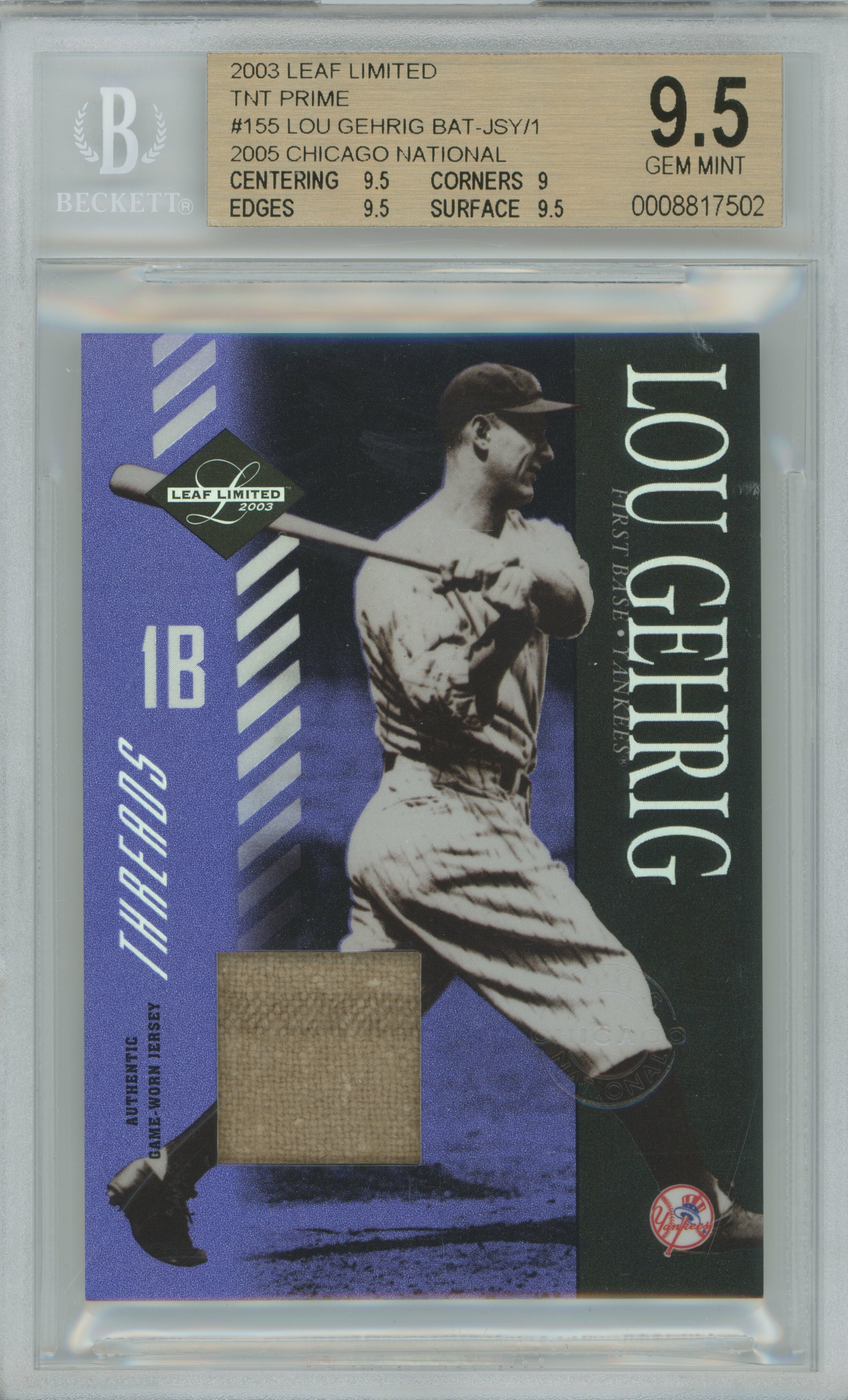 2005 Limited TNT Chicago National Jersey 1/1 Lou Gehrig BGS 9.5