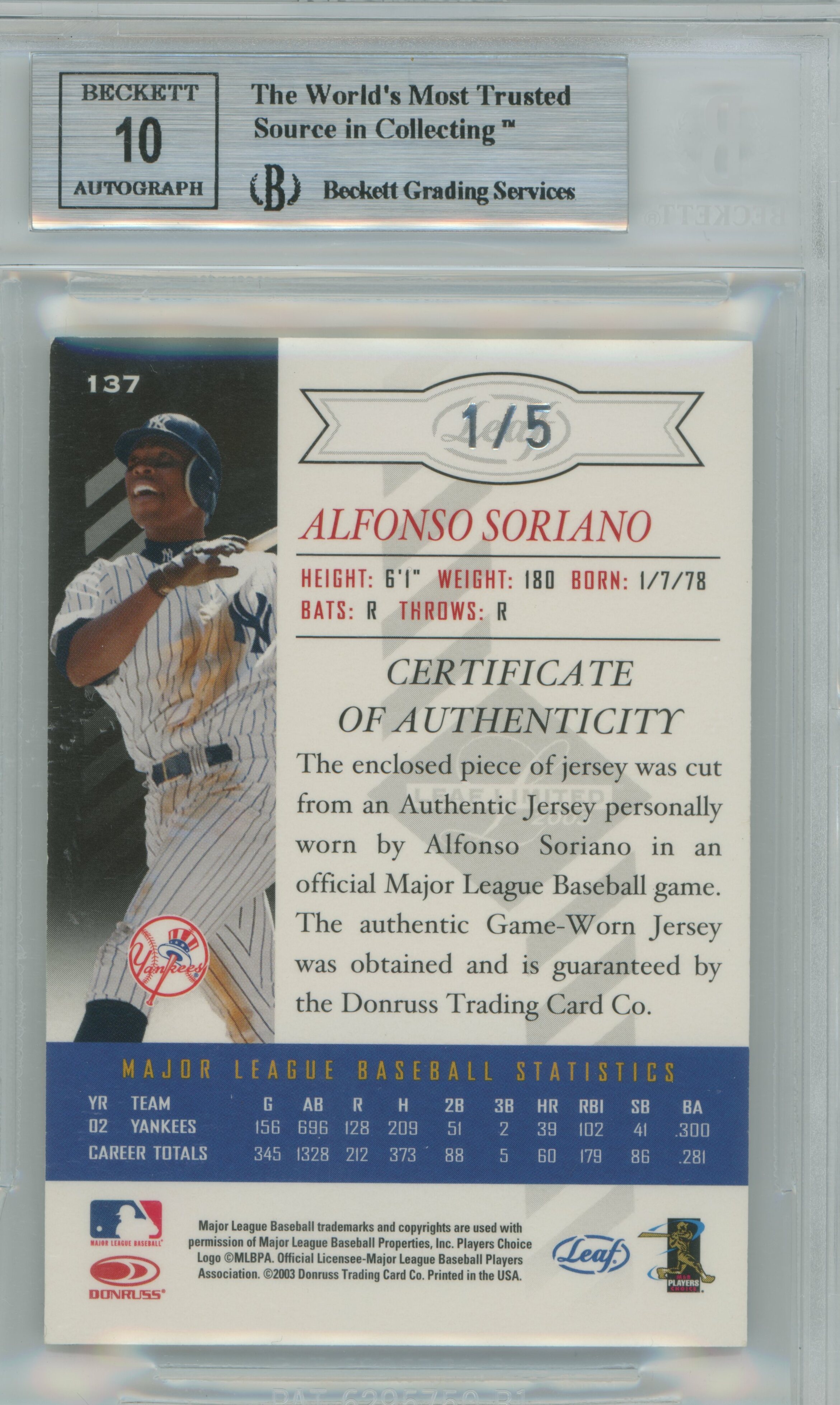 2003 Limited Moniker Jersey Auto /5 Alfonso Soriano BGS 8.5