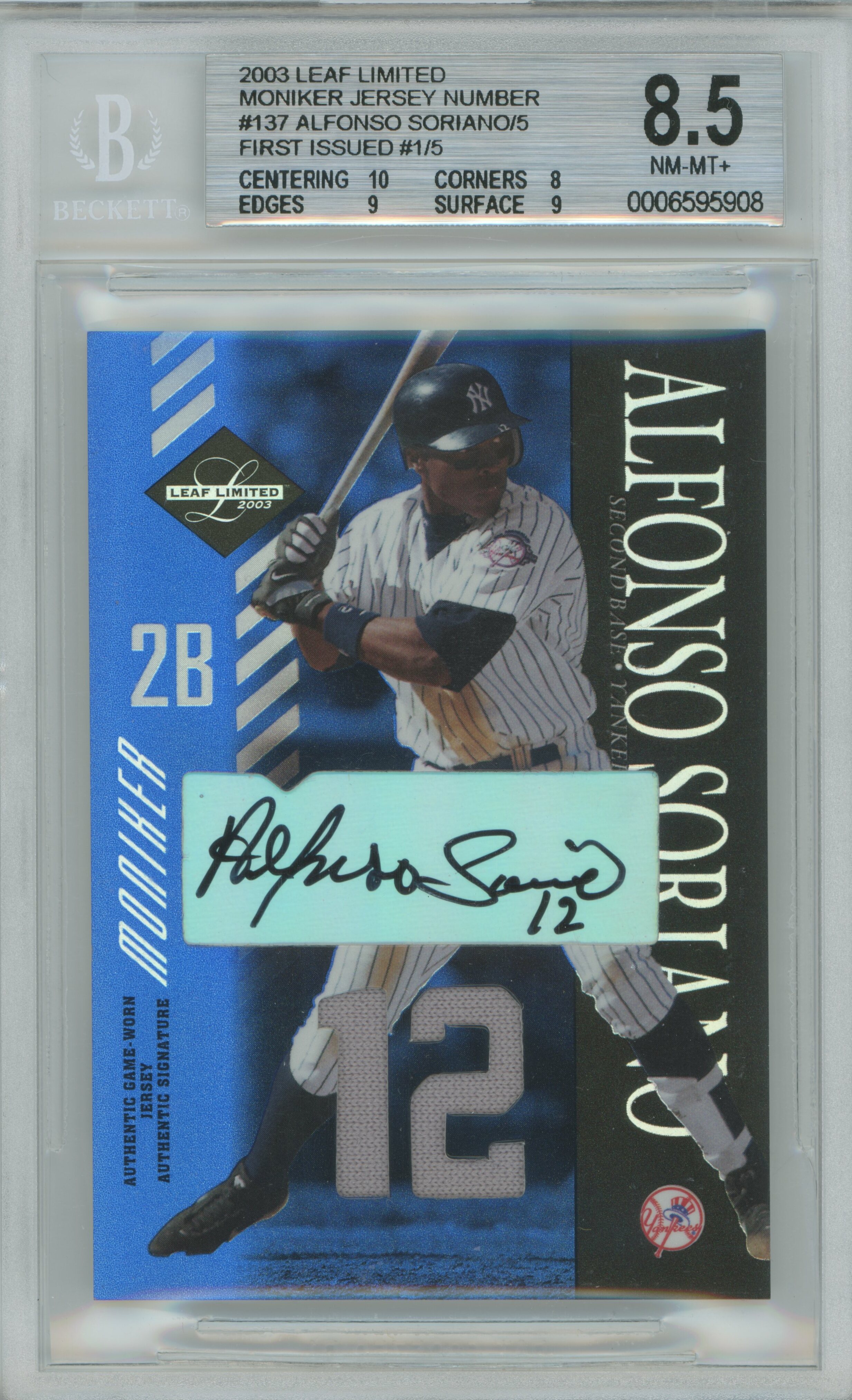 2003 Limited Moniker Jersey Auto /5 Alfonso Soriano BGS 8.5