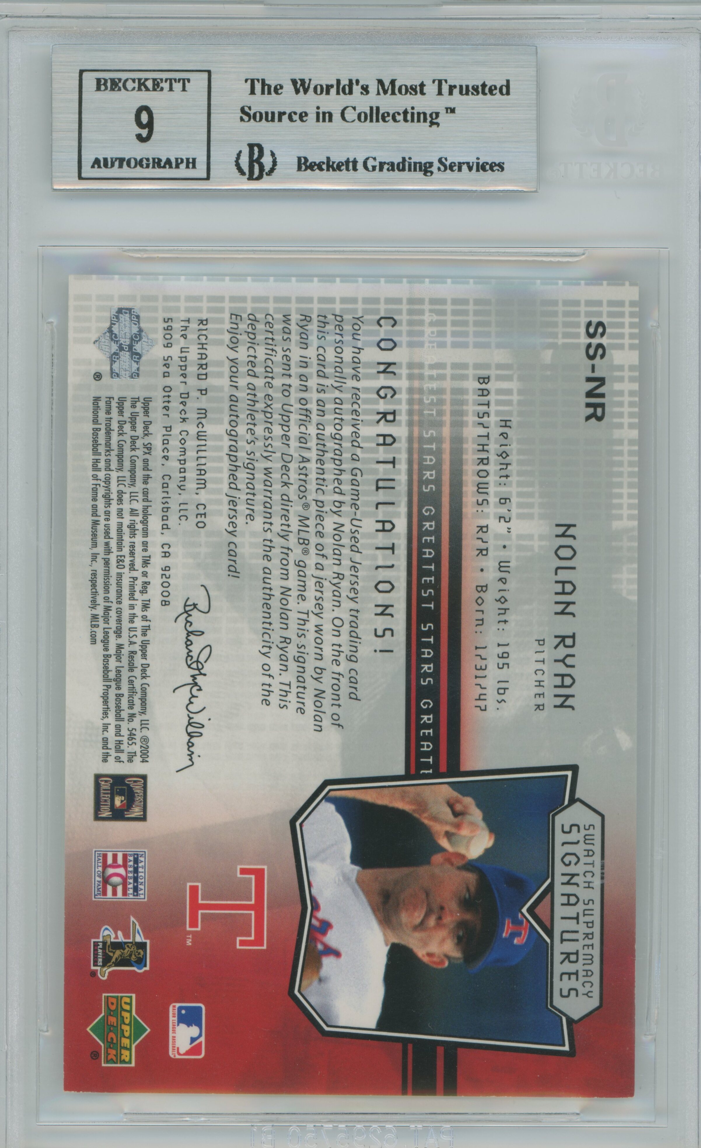 2004 SPx Swatch Supremacy Jersey Auto Nolan Ryan BGS 9