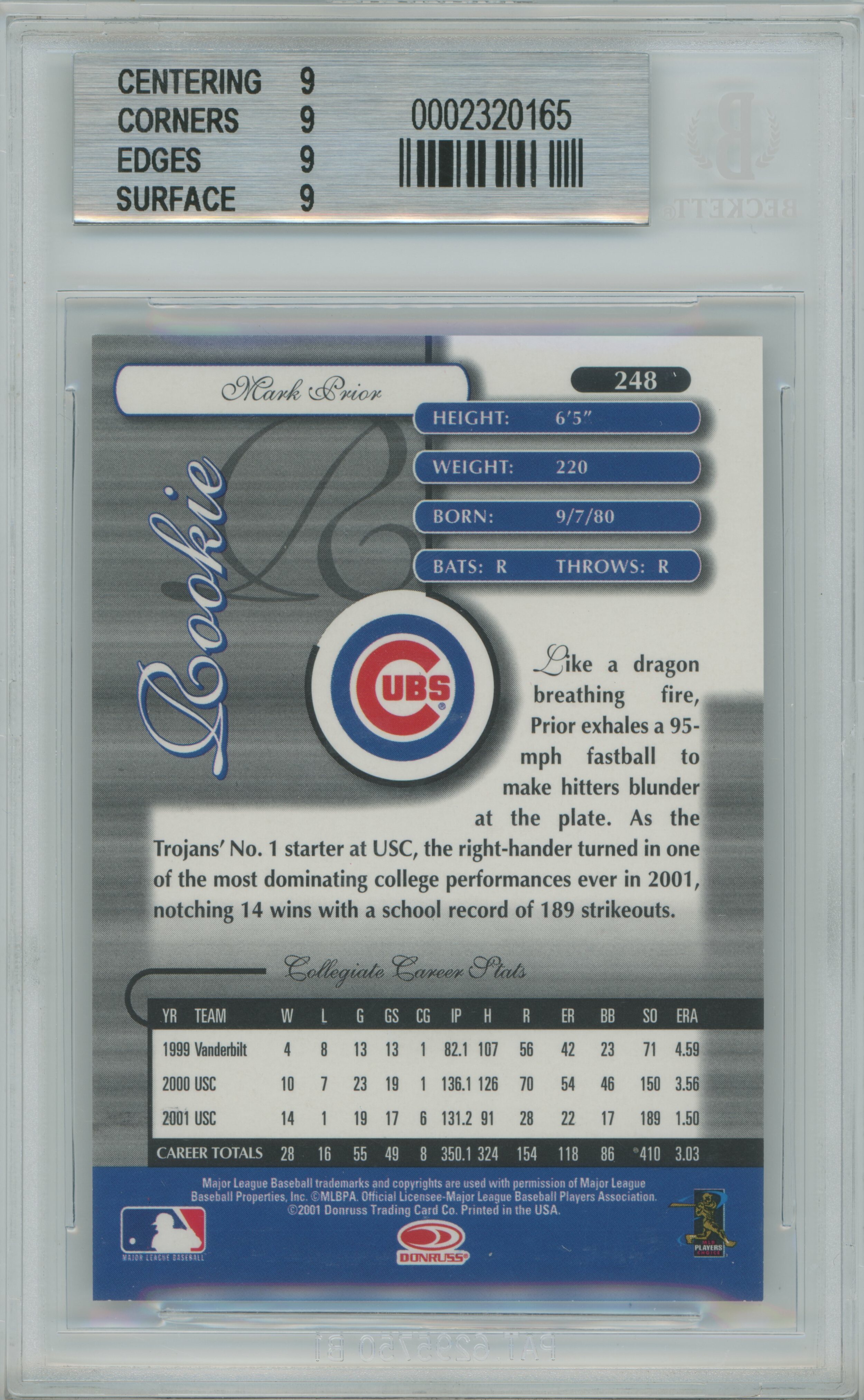 2001 Elite RC Mark Prior BGS 9