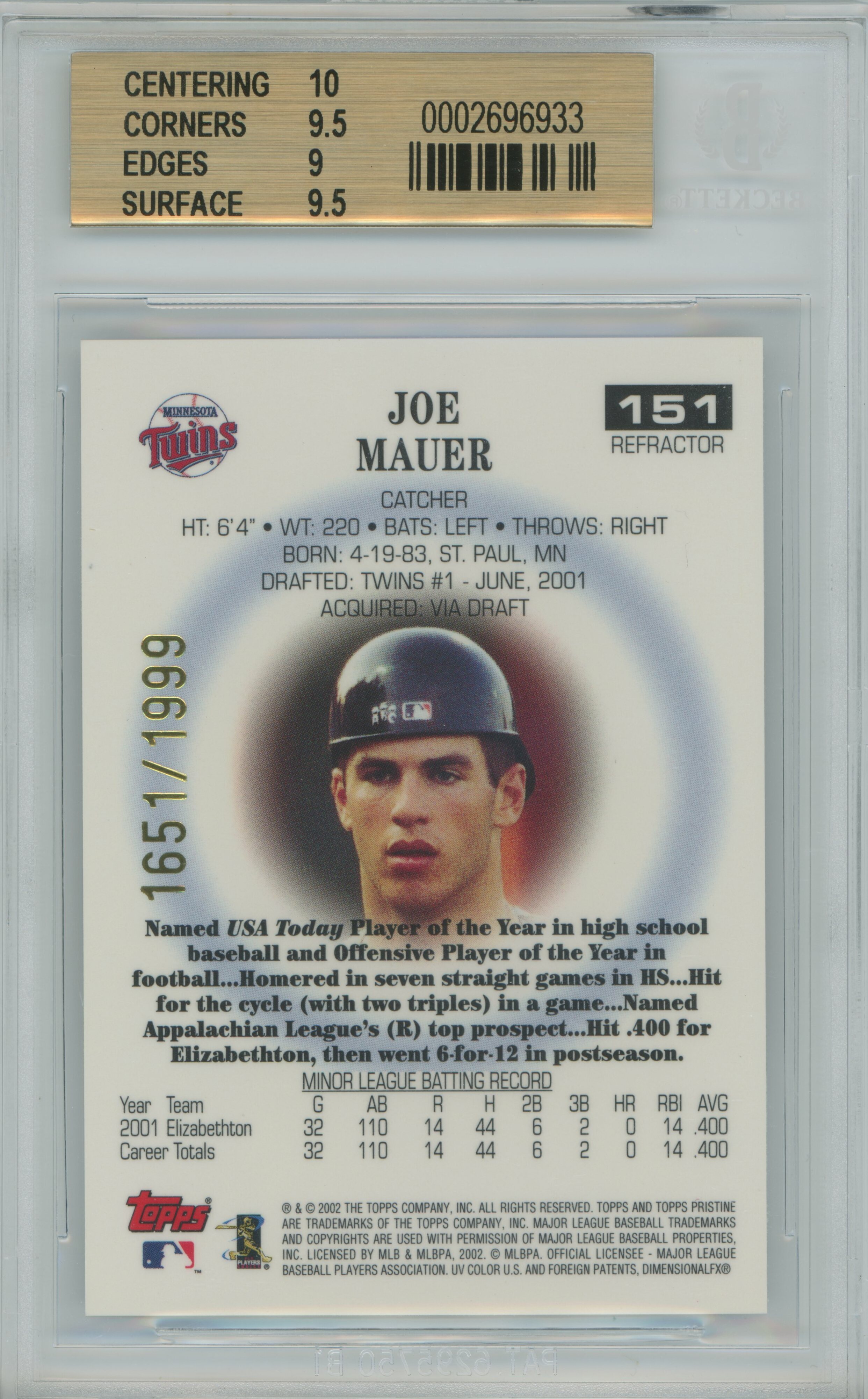 2002 Pristine Refractor RC Joe Mauer BGS 9.5