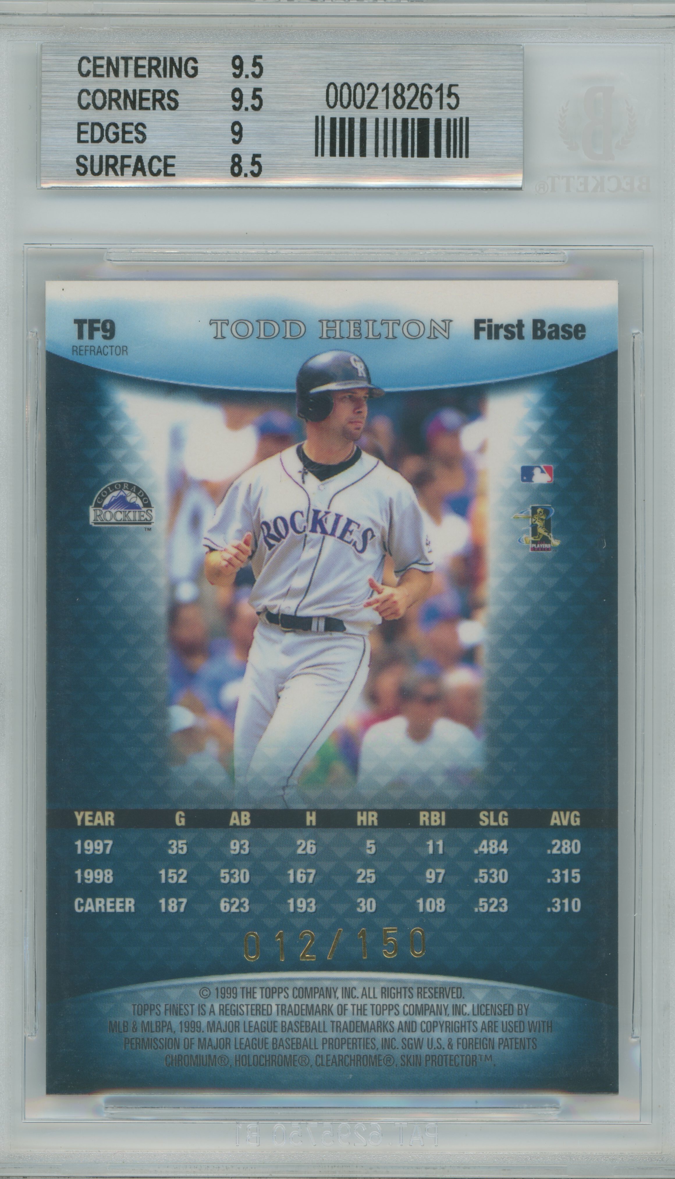 1999 Finest Team Finest Blue Refractor Todd Helton BGS 9