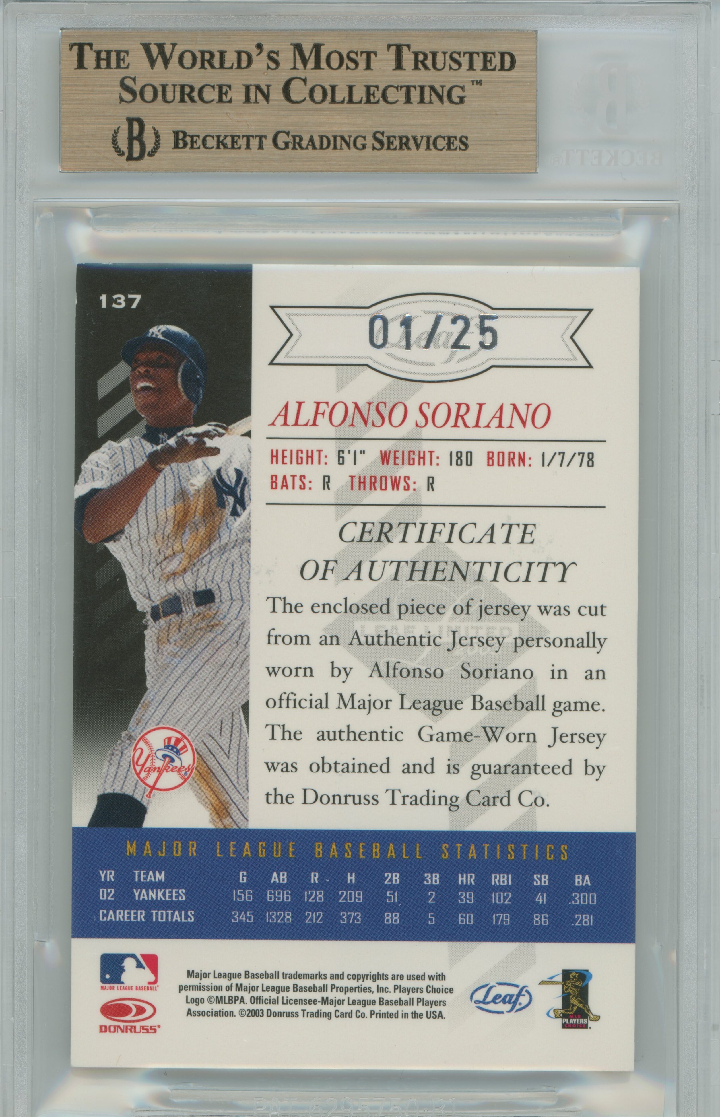 2003 Limited Threads Patch Alfonso Soriano BGS 9.5