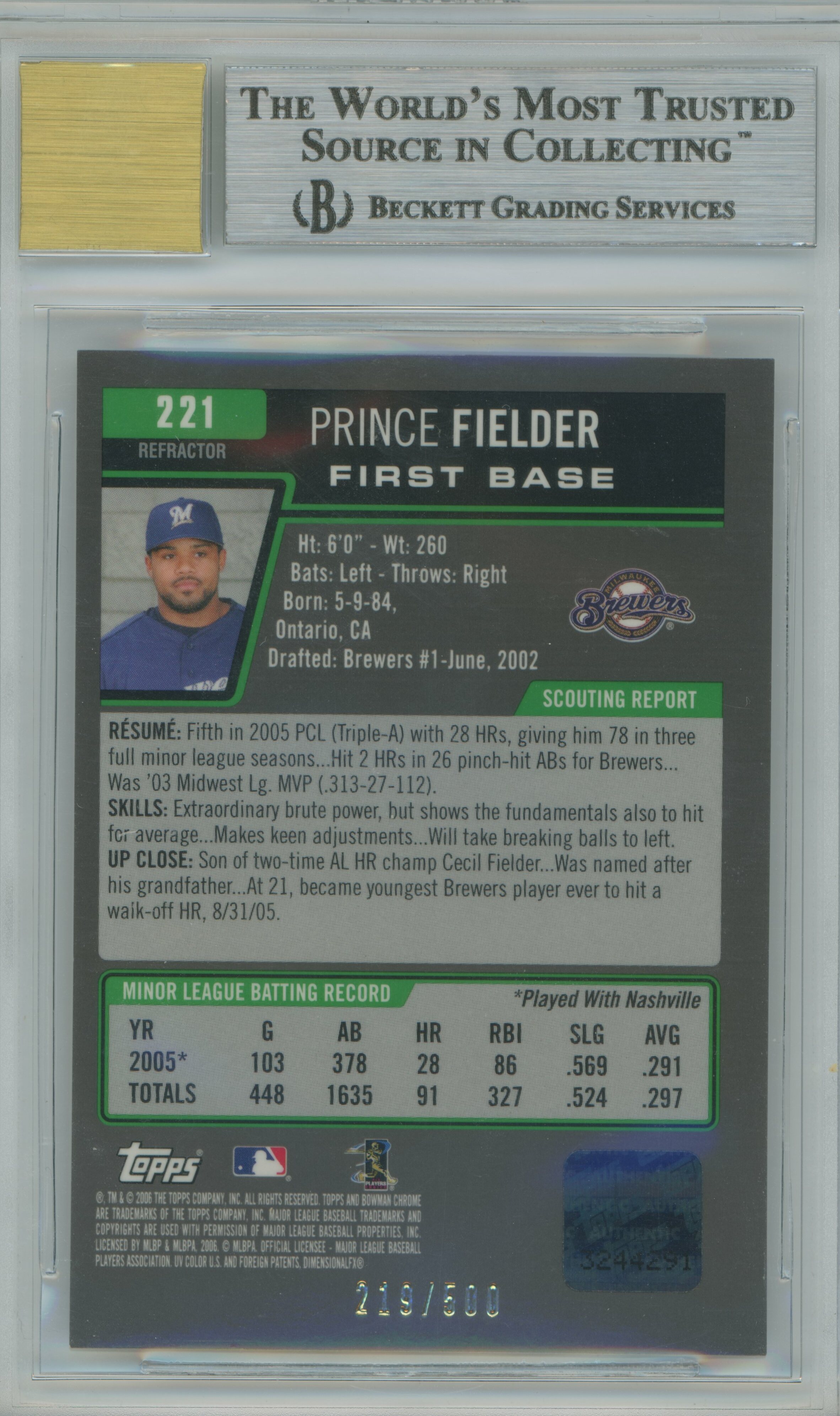 2006 Bowman Chrome Refractor Auto RC Prince Fielder BGS 9