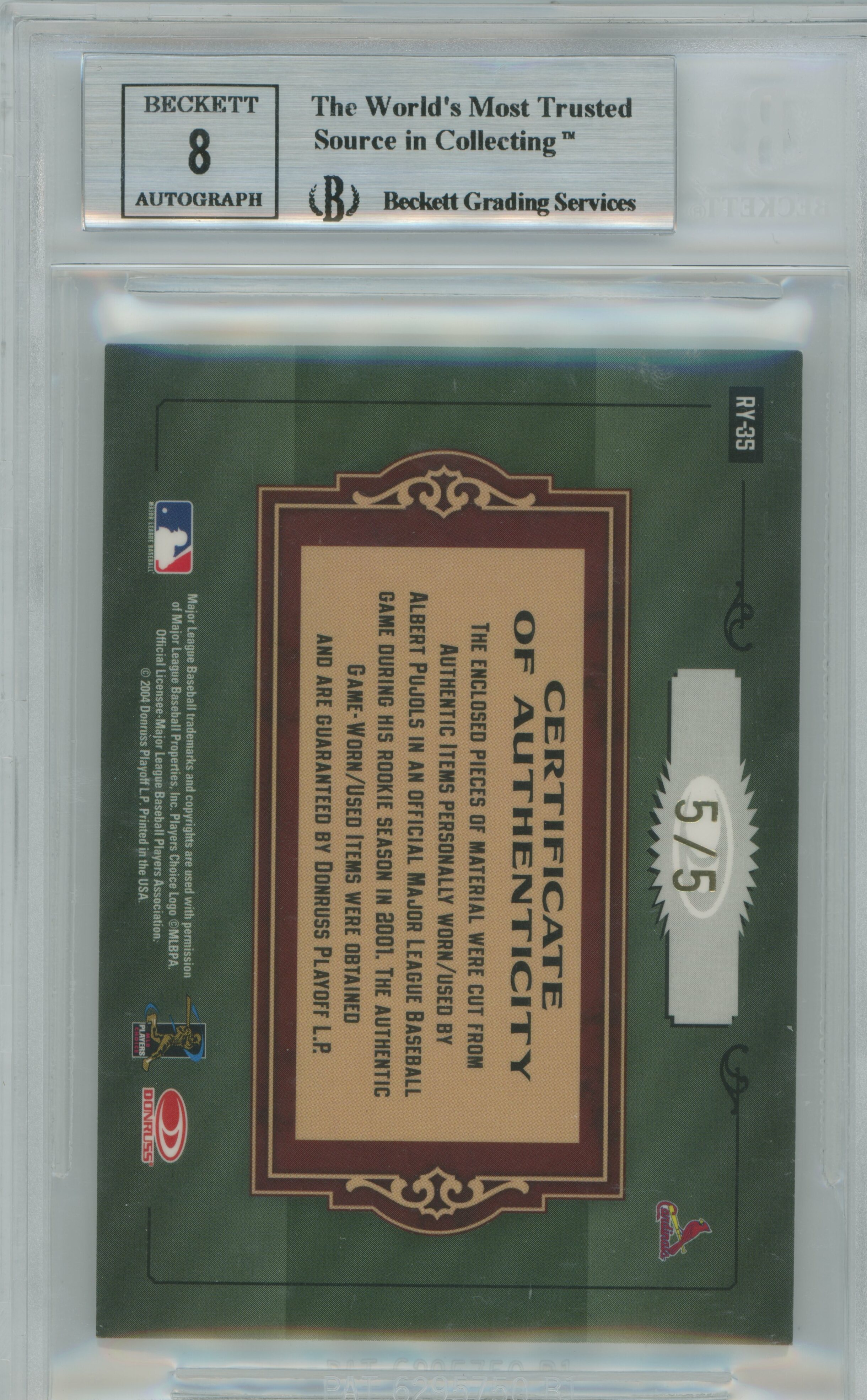 2004 Timeless Treasures Rookie Year Materials Combo Signatures Albert Pujols BGS 8.5