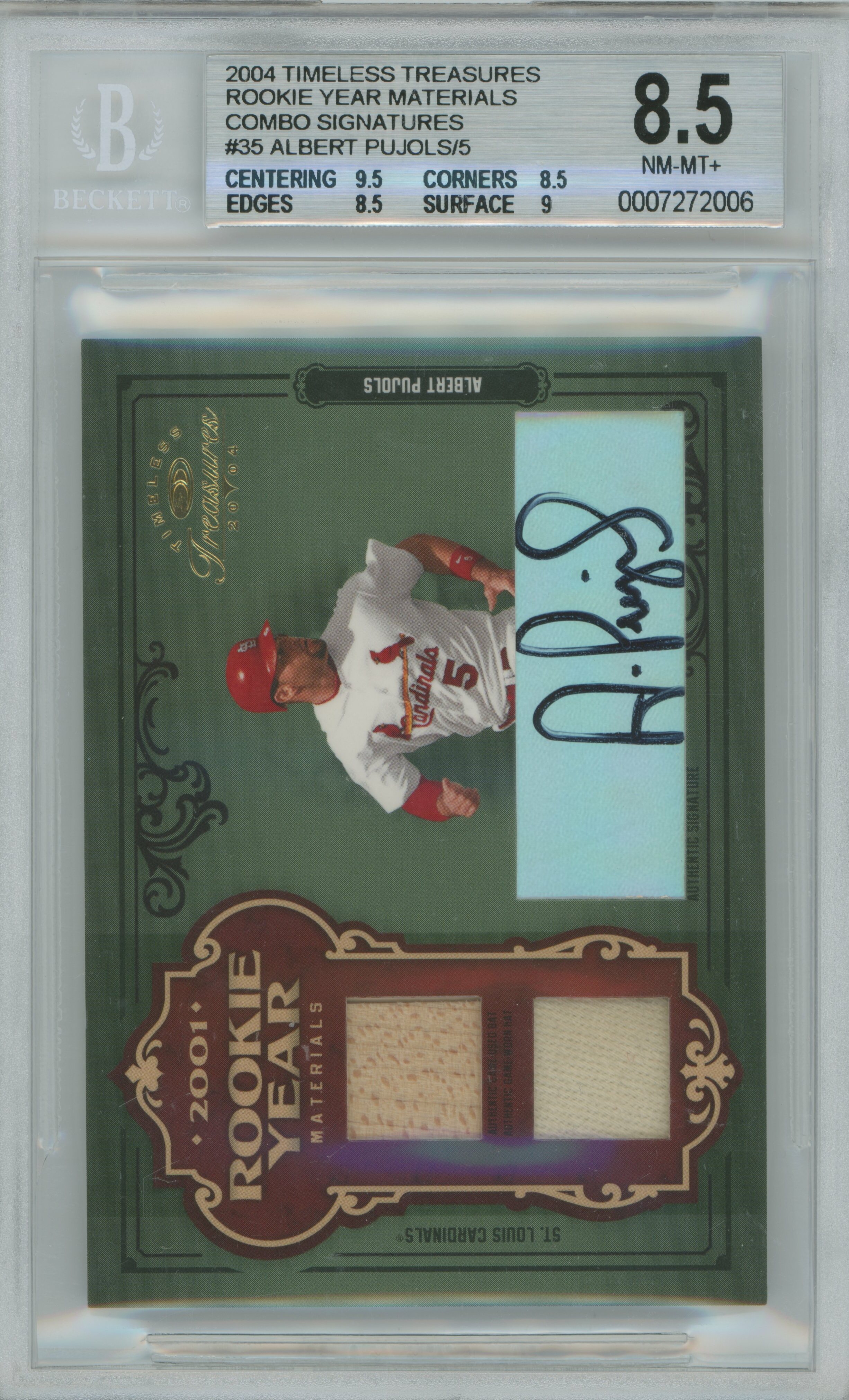 2004 Timeless Treasures Rookie Year Materials Combo Signatures Albert Pujols BGS 8.5