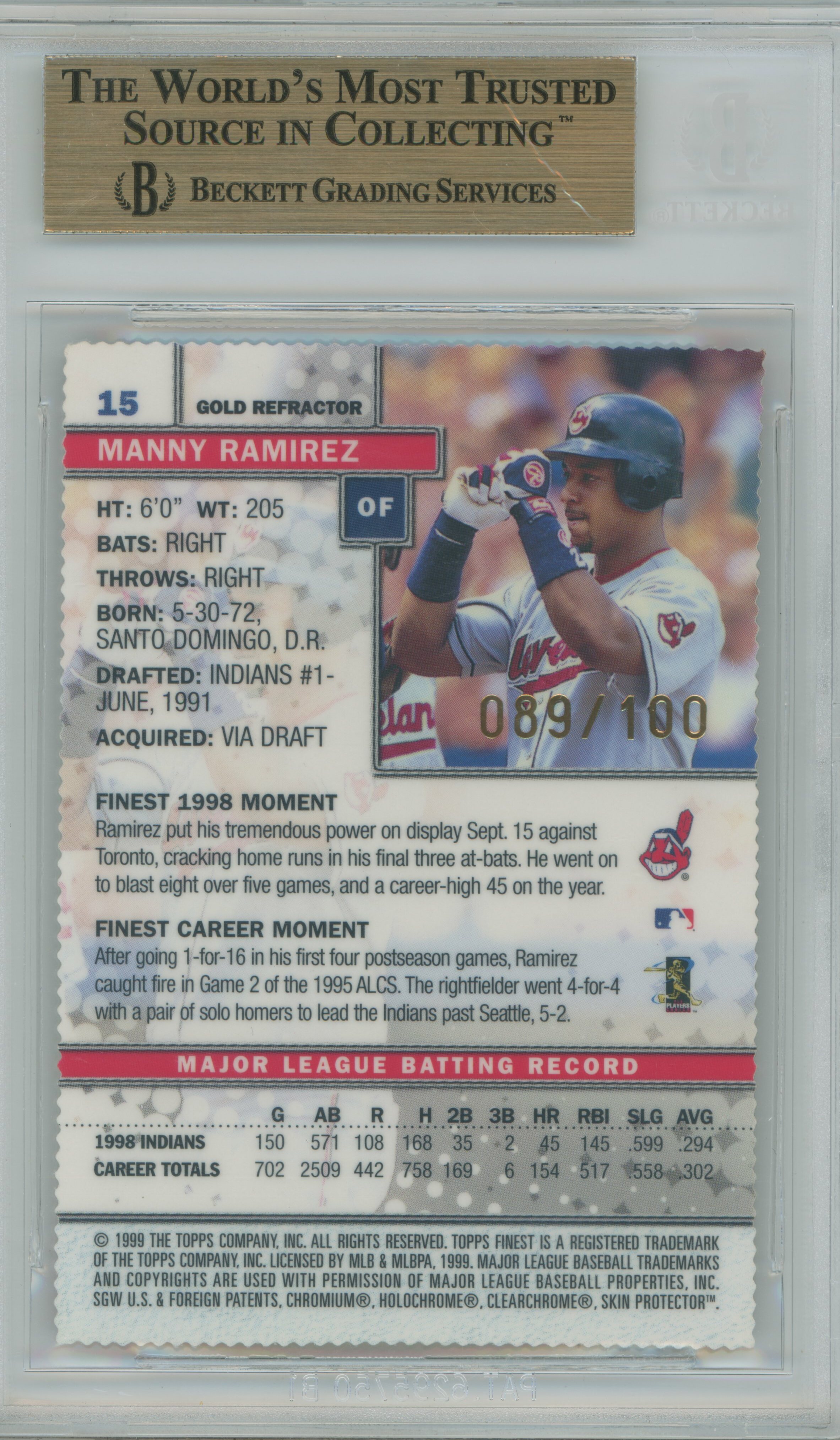 1999 Finest Gold Refractor Manny Ramirez BGS 9.5