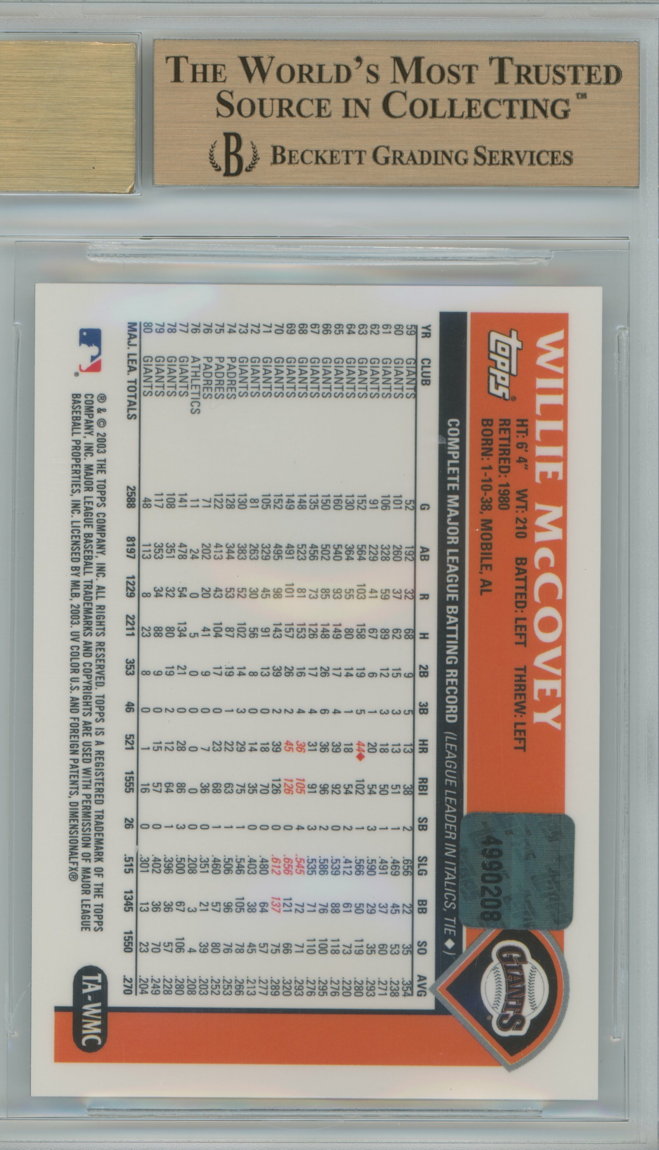 2003 Topps Retired Signature Autographs Willie McCovey BGS 9.5