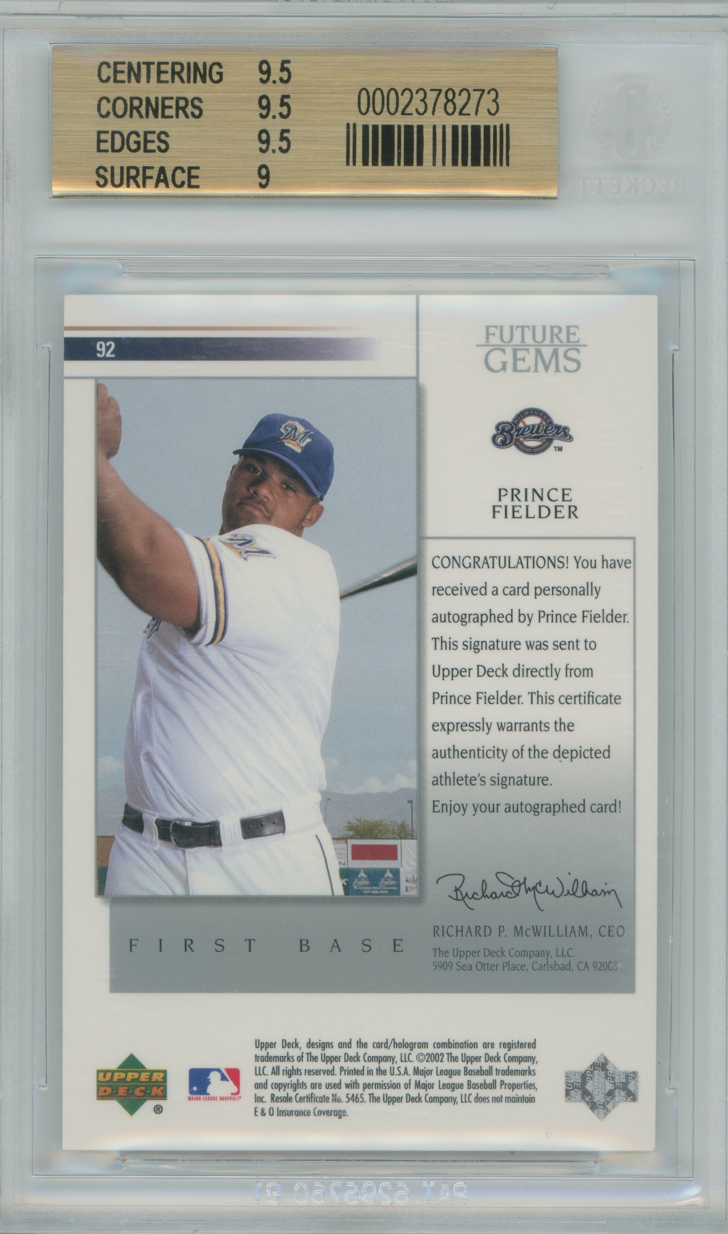 2002 Upper Deck Prospect Premieres Autograph Prince Fielder BGS 9.5