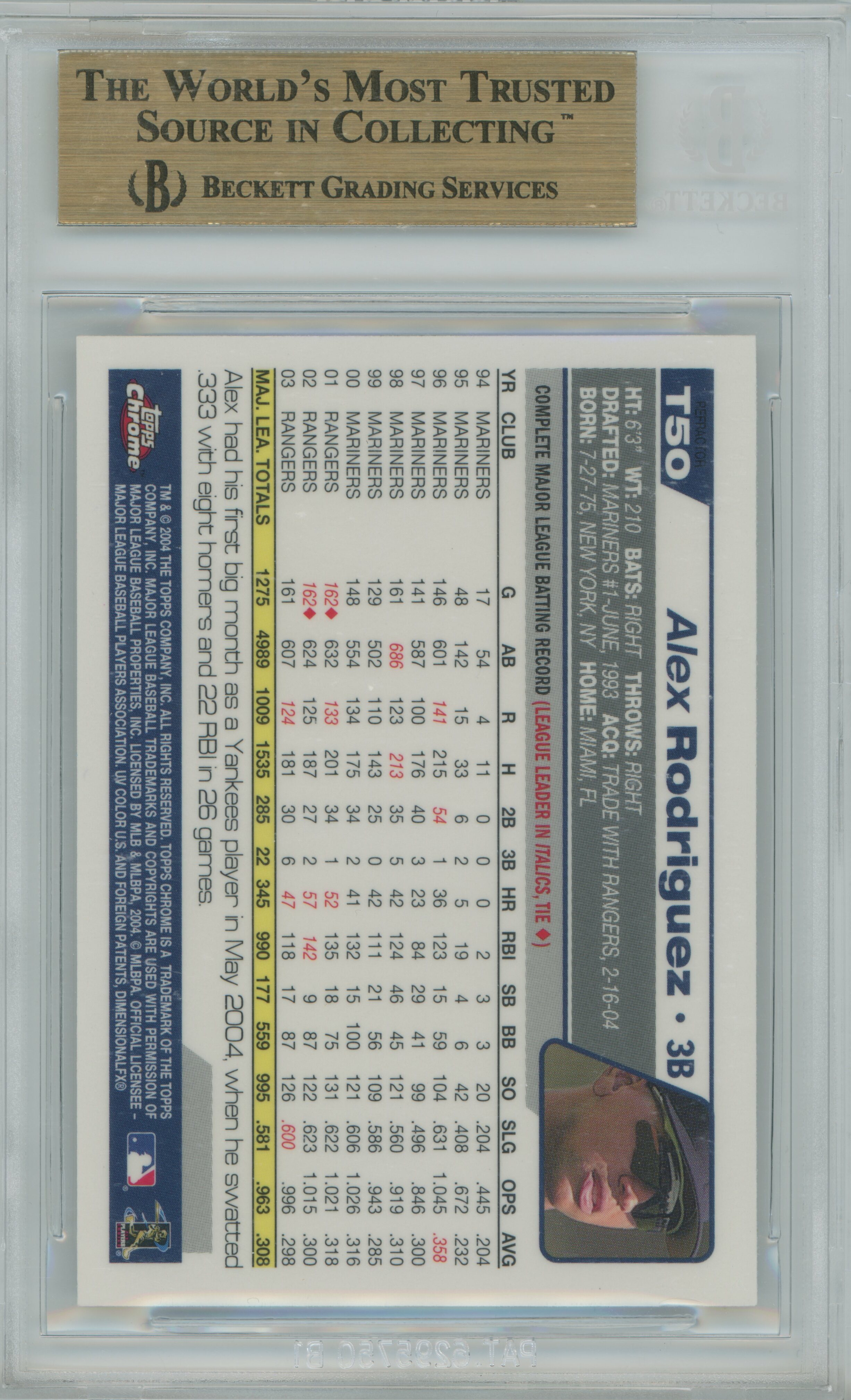 2004 Topps Chrome Traded Refractor Alex Rodriguez BGS 9.5