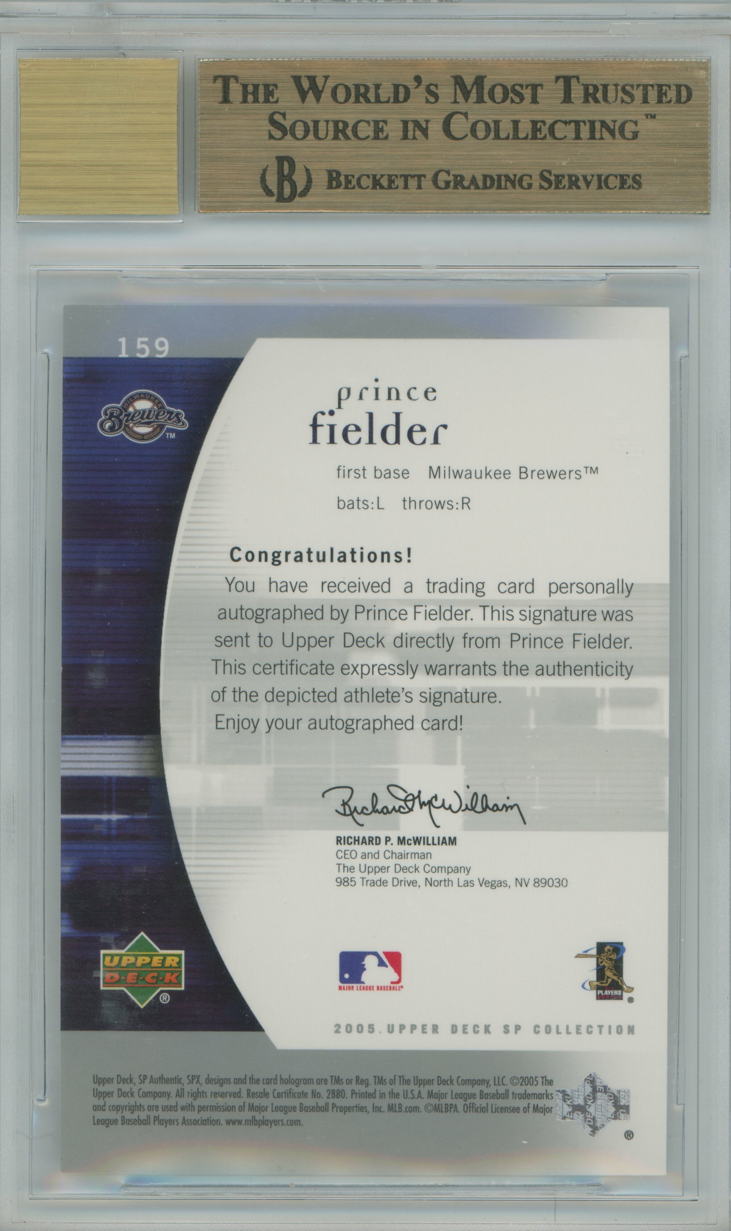 2005 SP Authentic Auto Prince Fielder BGS 9.5