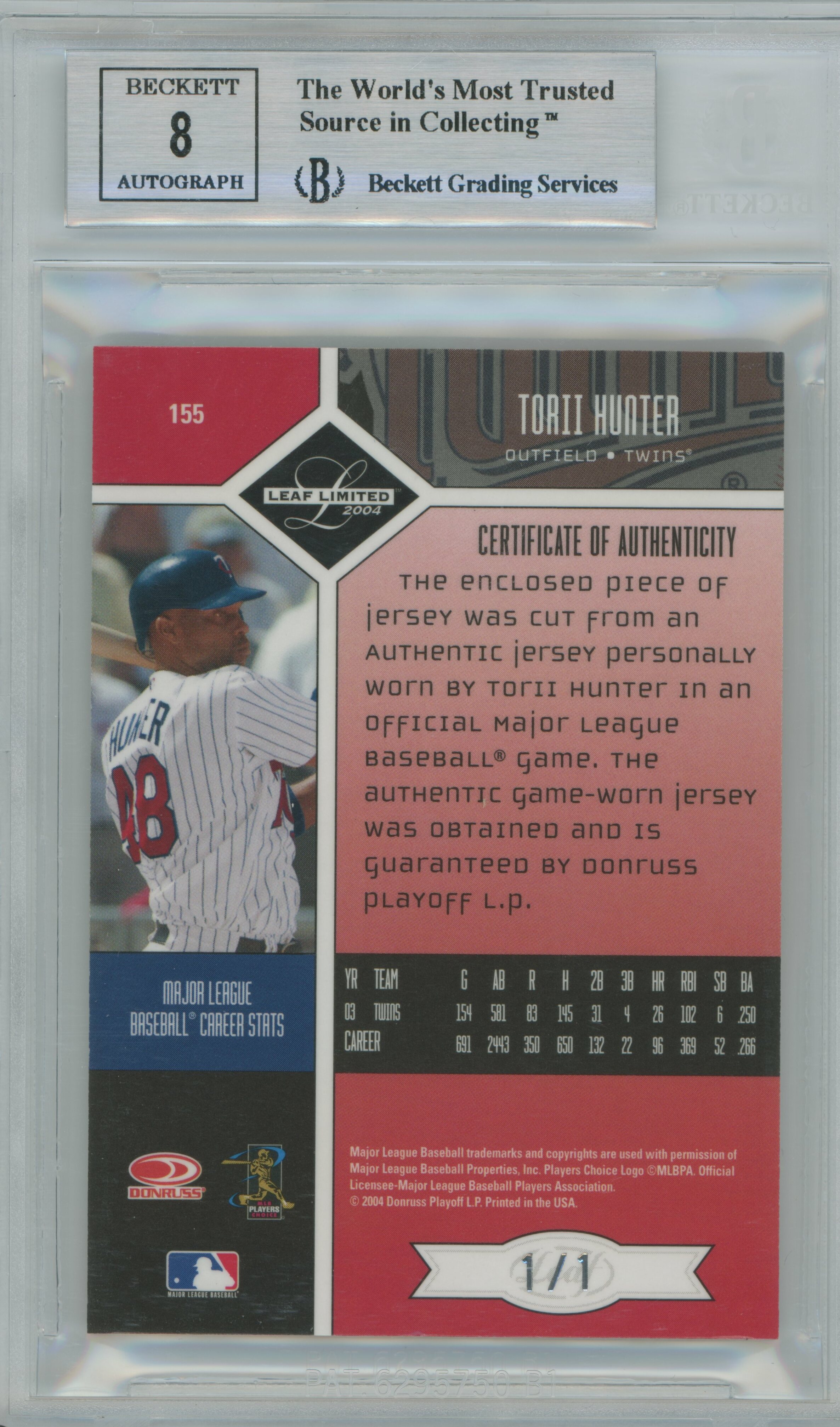 2004 Limited Moniker Patch 1/1 Torii Hunter BGS 8.5