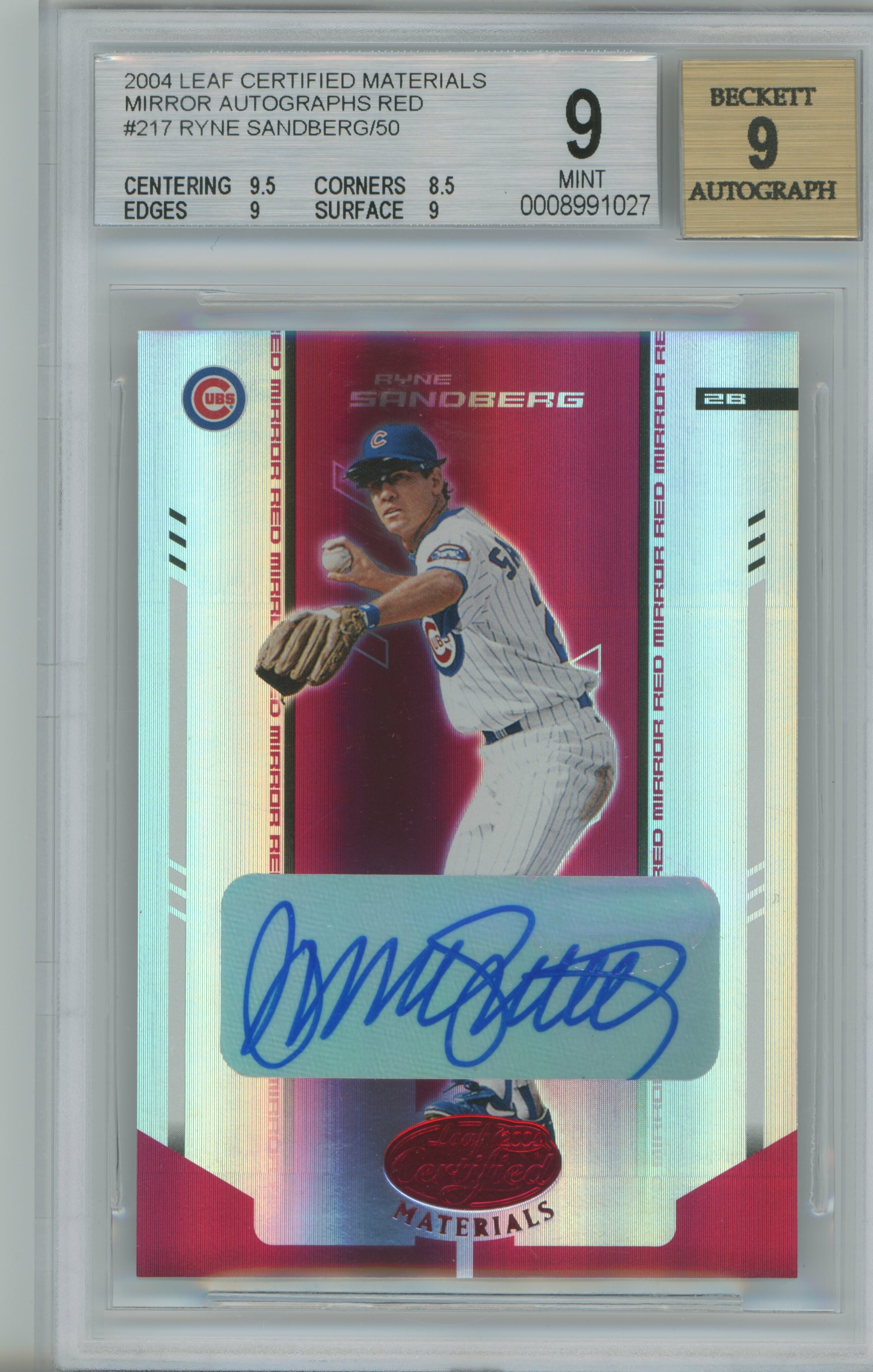 2004 Certified Materials Mirror Red Auto Ryne Sandberg BGS 9