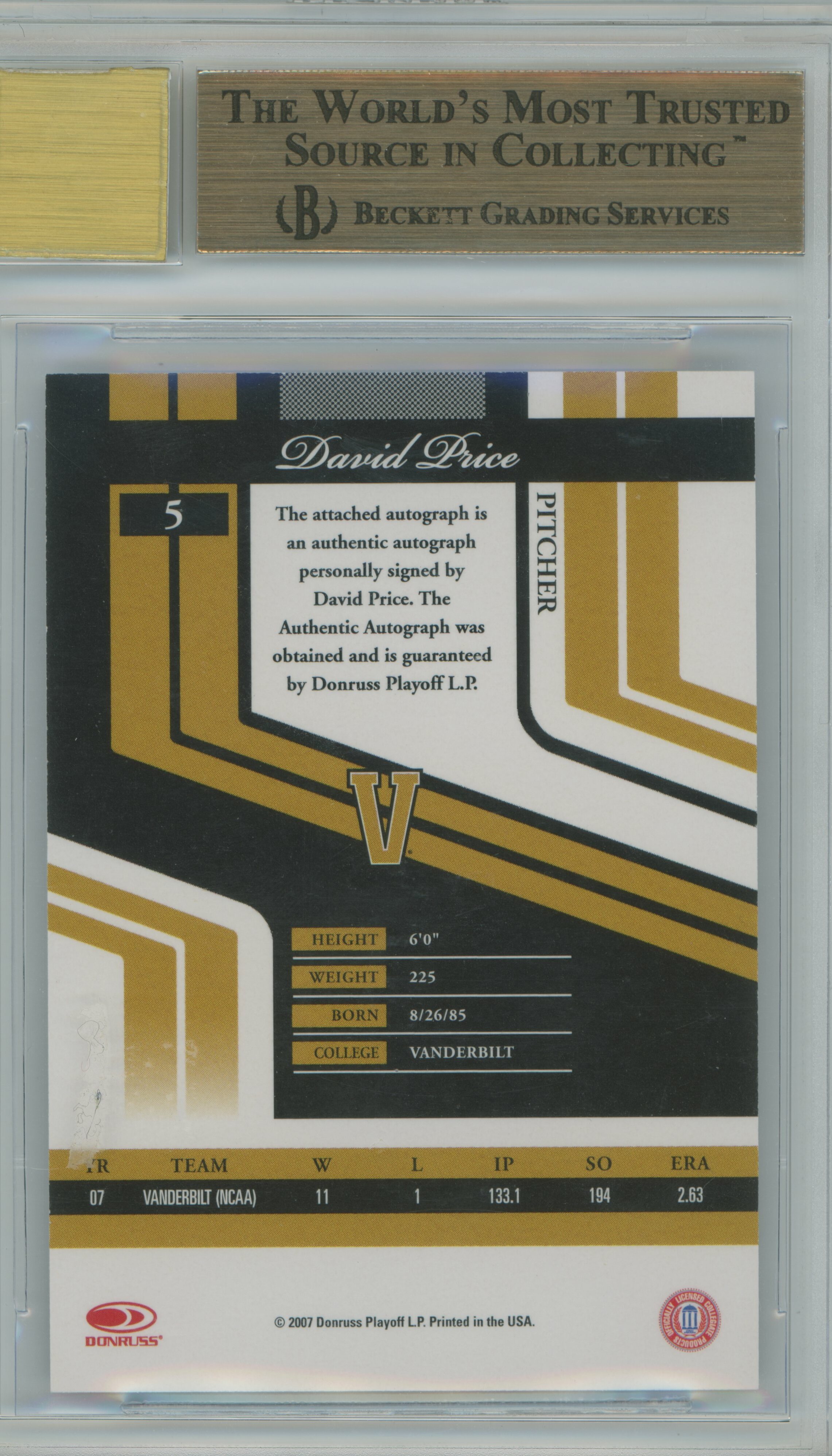 2007 Donruss Elite Extra Edition Turn of the Century Sigs David Price BGS 9.5