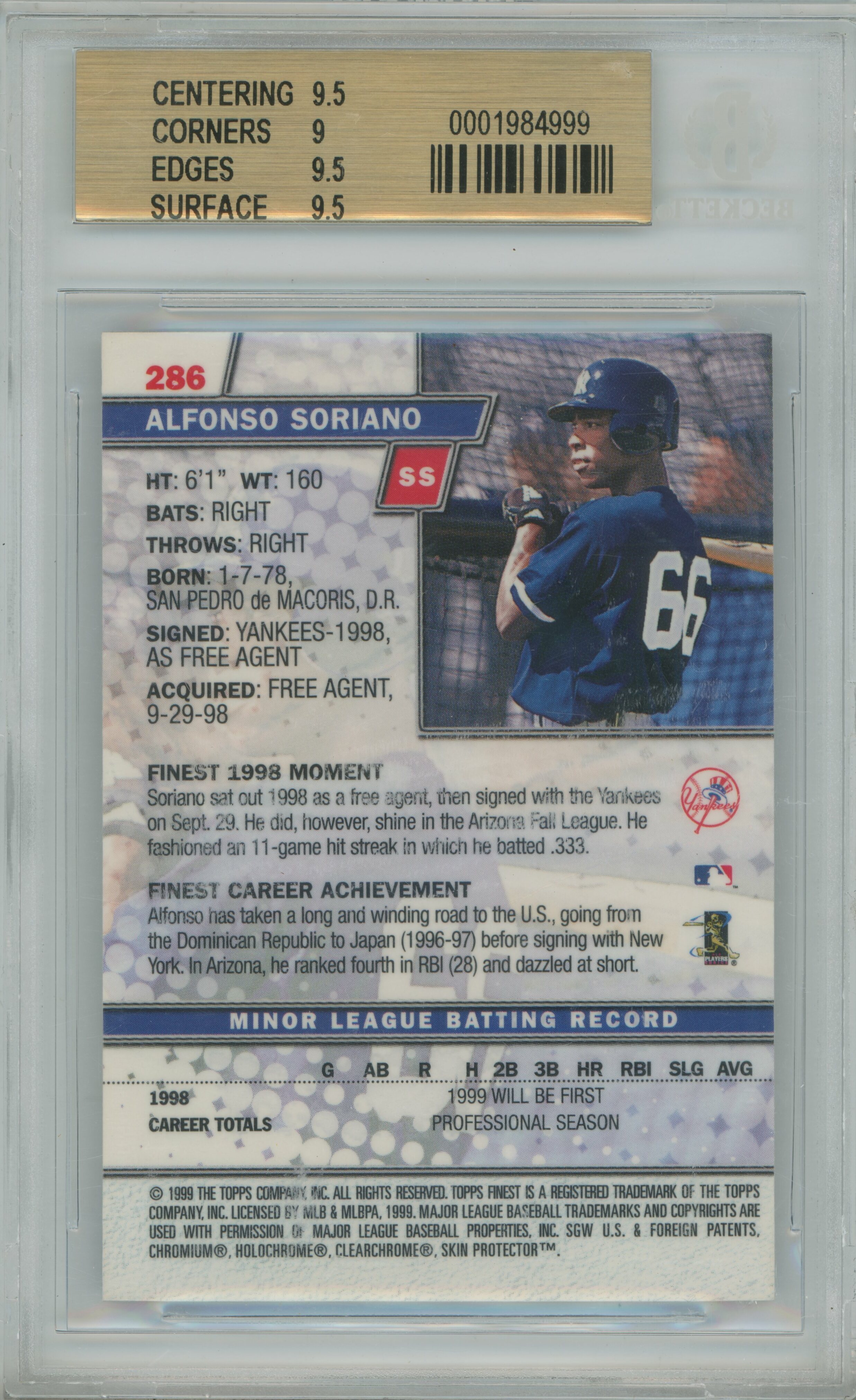 1999 Finest Alfonso Soriano BGS 9.5